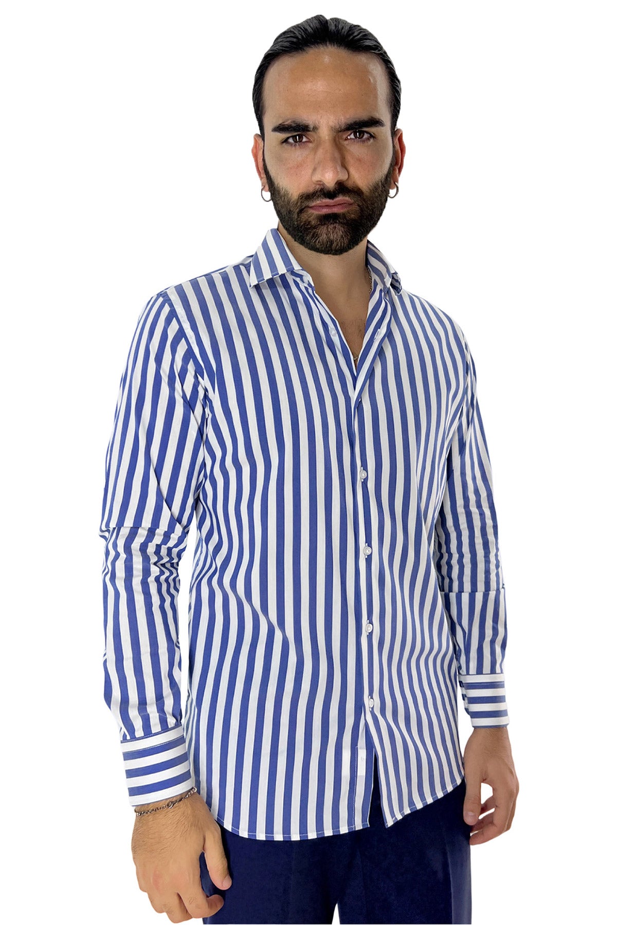 Camicia Uomo Righe Larghe slim fit cotone elastico Collo semi francese Made In Italy