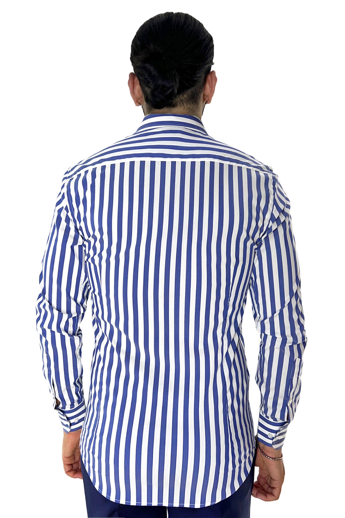 Camicia Uomo Righe Larghe slim fit cotone elastico Collo semi francese Made In Italy