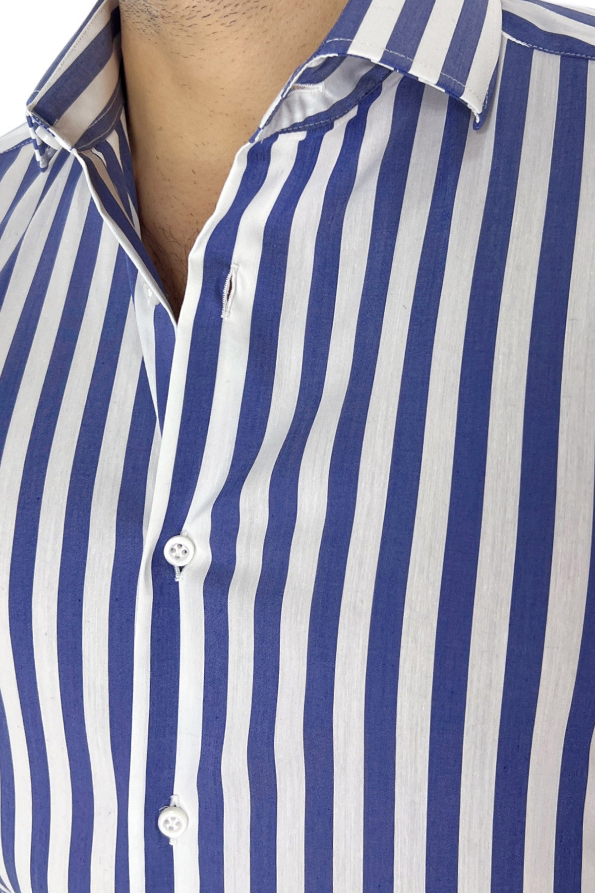 Camicia Uomo Righe Larghe slim fit cotone elastico Collo semi francese Made In Italy