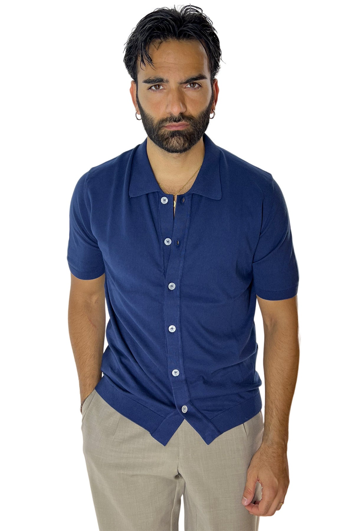 Polo da uomo navy blu mezze maniche 100% cotone di filo finezza 14 con bottoni in chisura