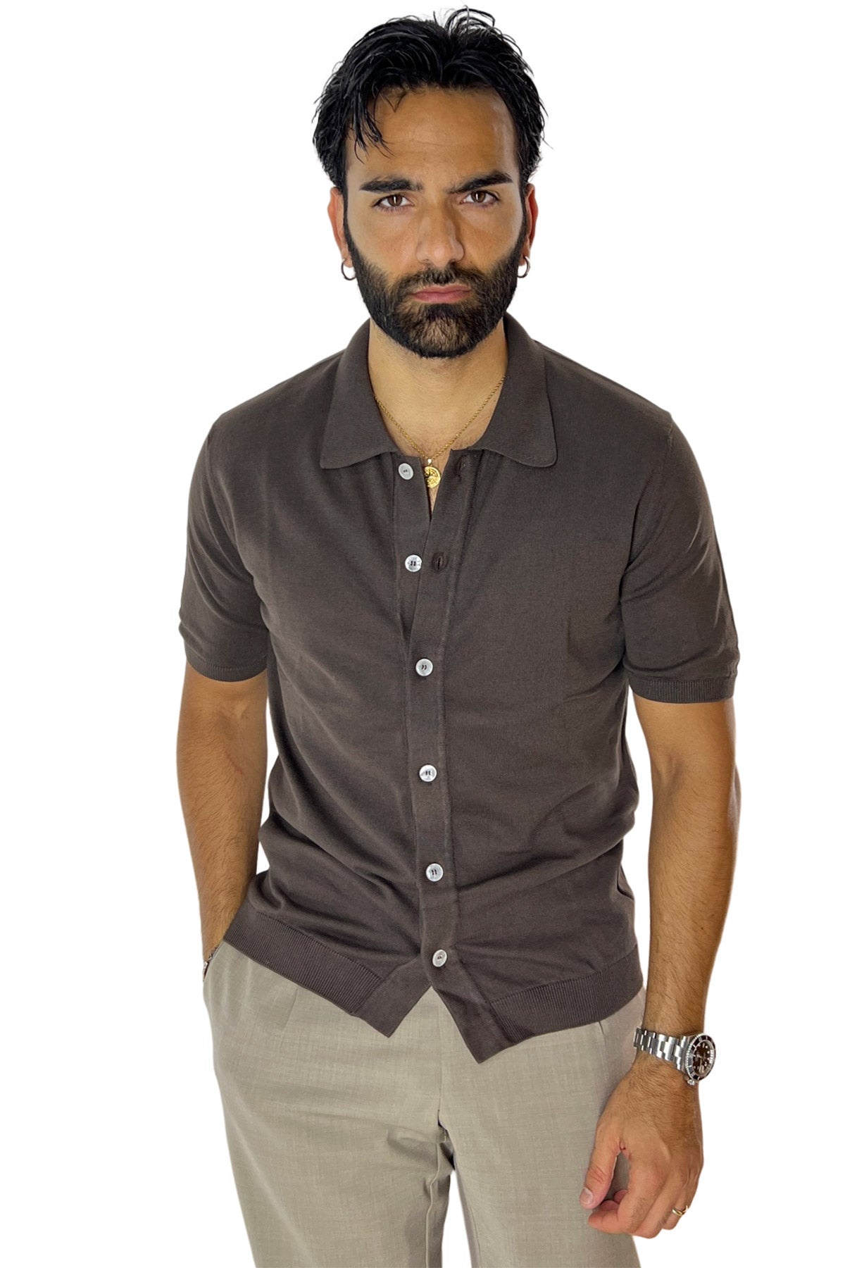 Polo da uomo Marrone mezze maniche 100% cotone di filo finezza 14 con bottoni in chisura
