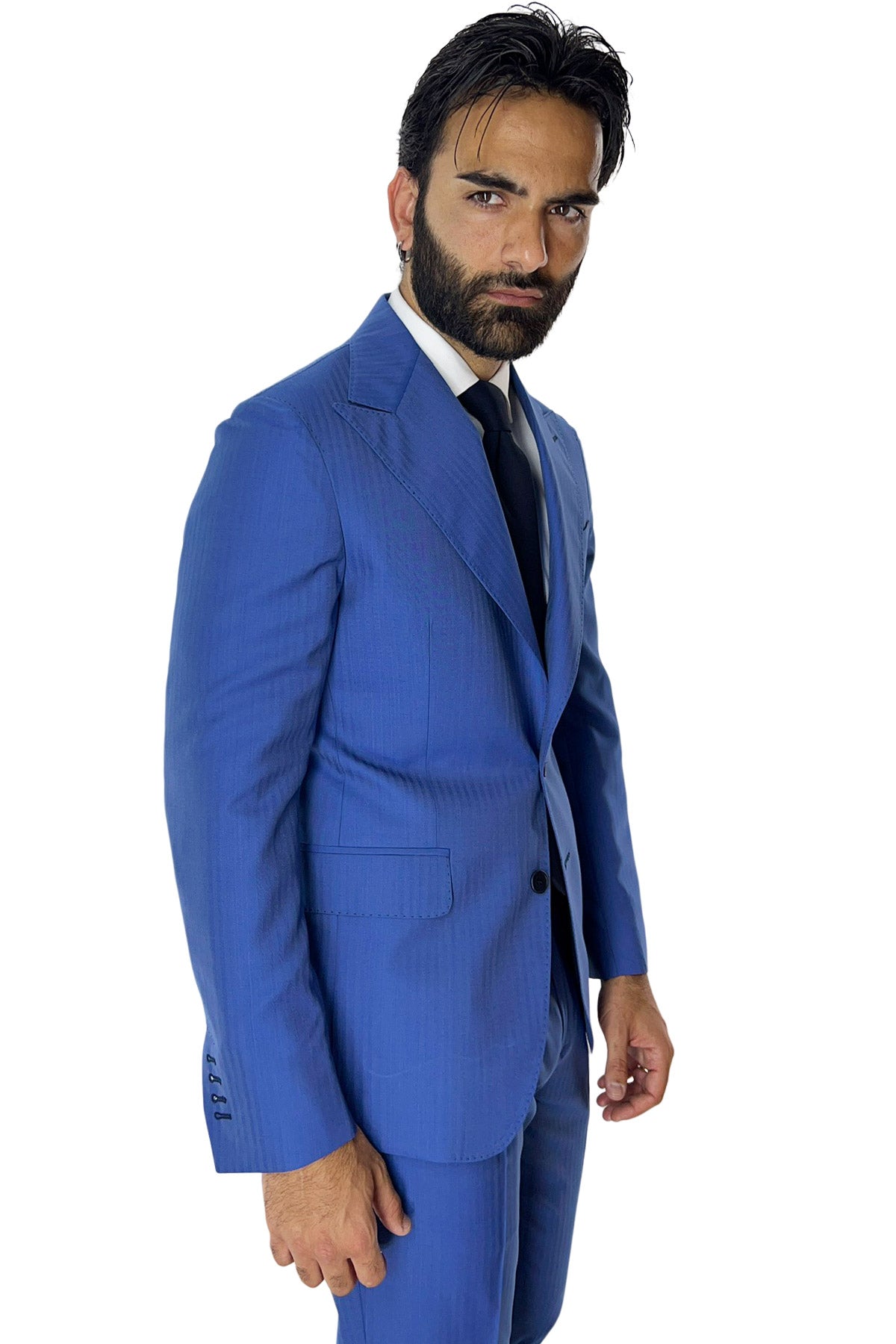 Giacca uomo monopetto azzurra Solaro fresco lana super 100's e seta Holland & Sherry Rever a lancia 13cm