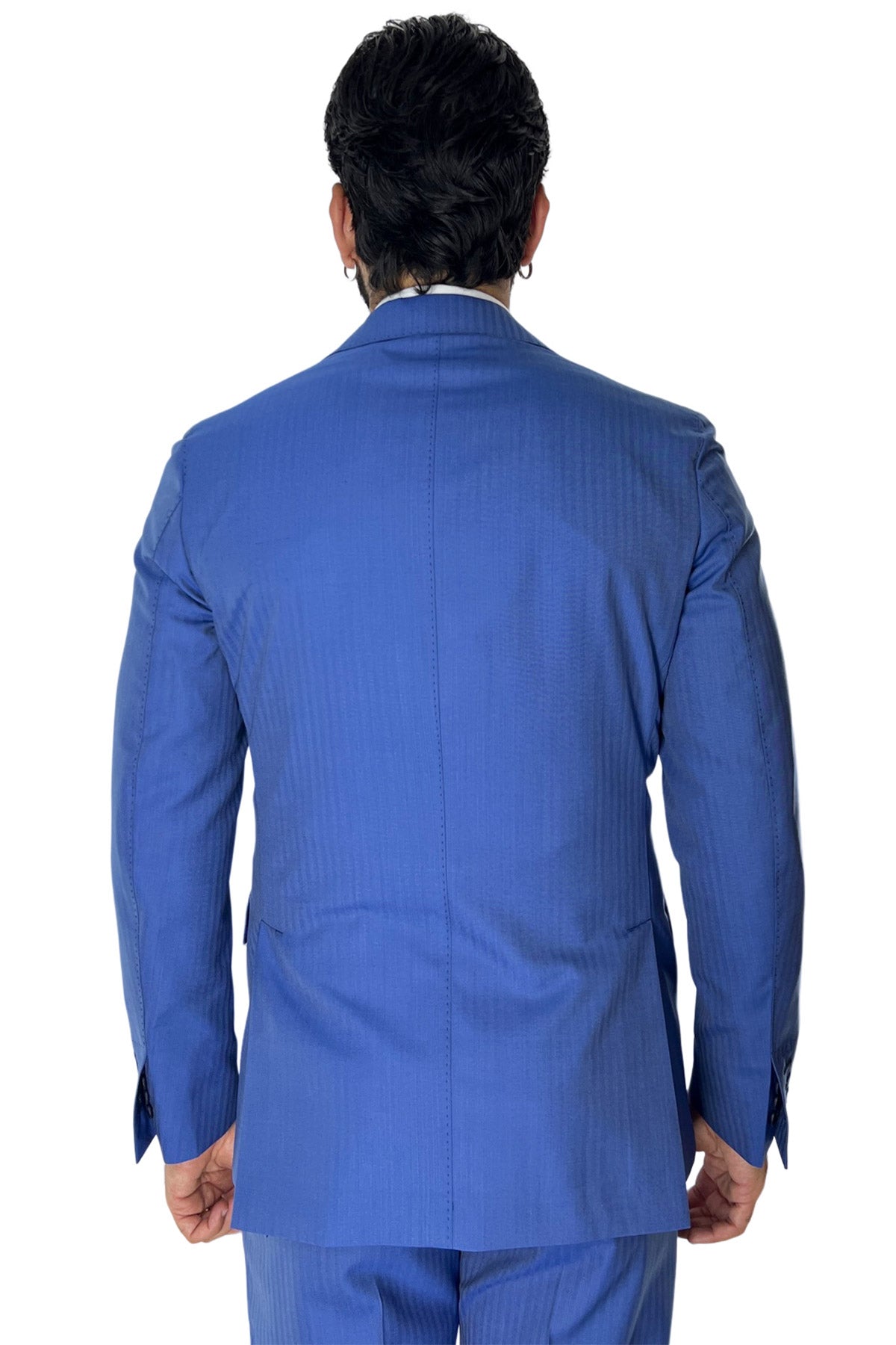 Giacca uomo monopetto azzurra Solaro fresco lana super 100's e seta Holland & Sherry Rever a lancia 13cm