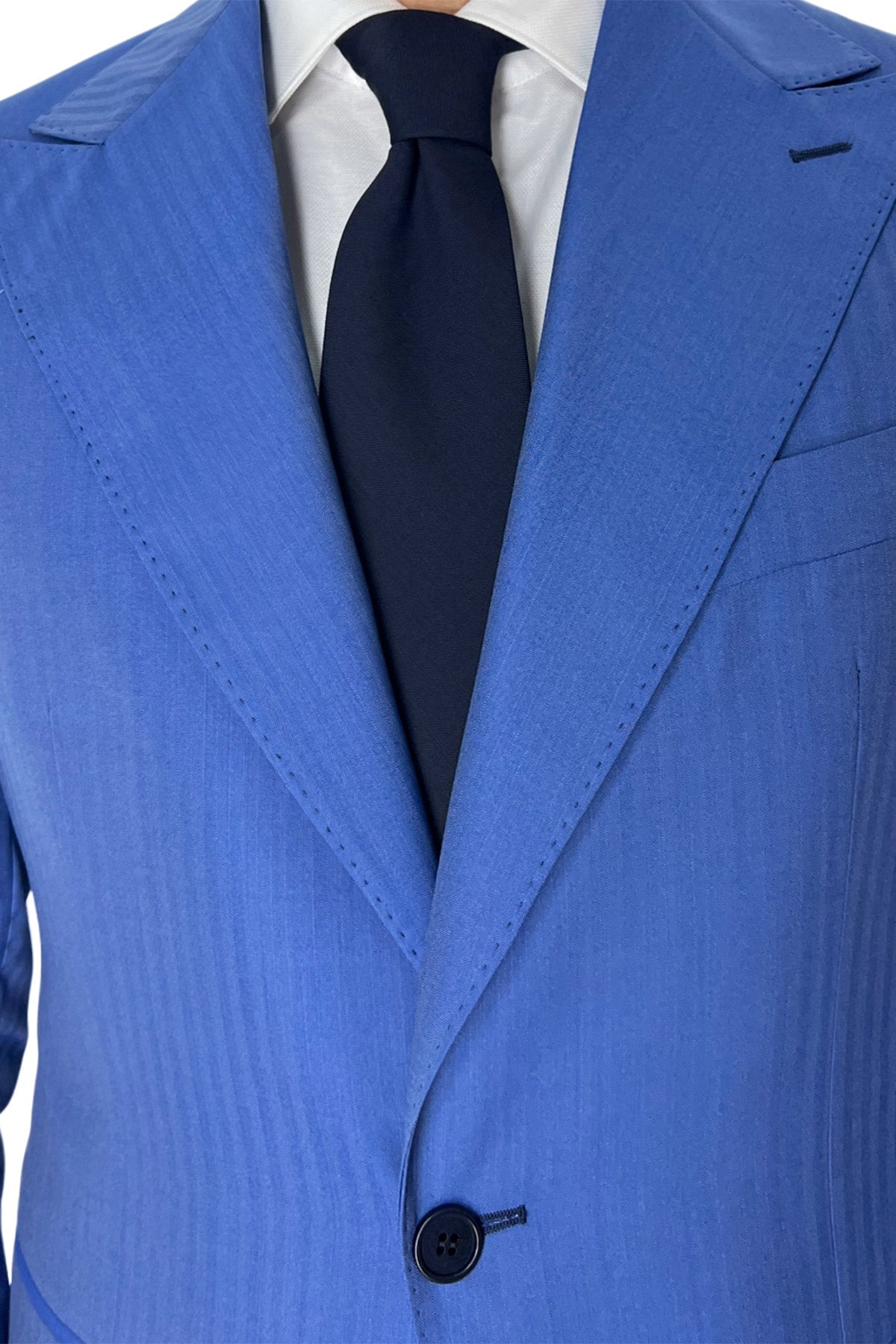 Giacca uomo monopetto azzurra Solaro fresco lana super 100's e seta Holland & Sherry Rever a lancia 13cm