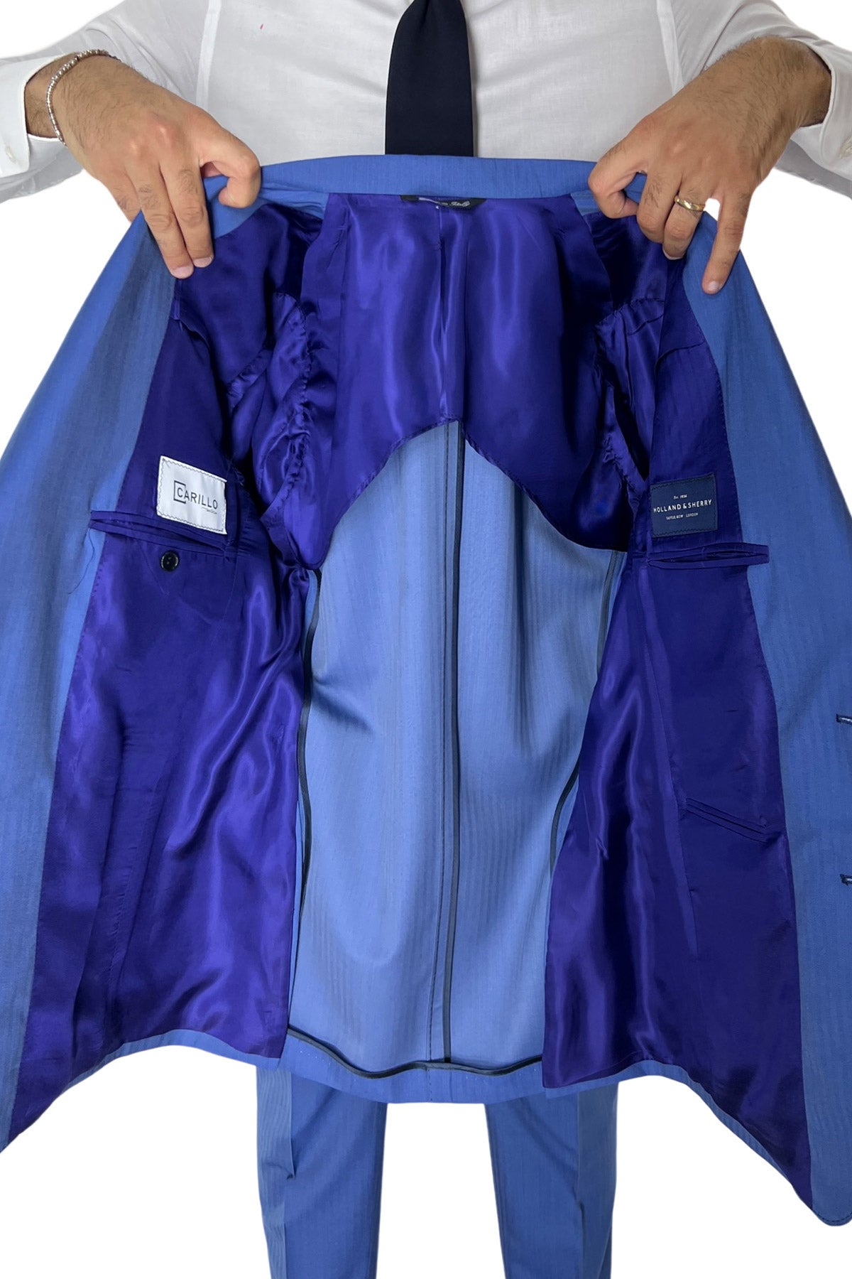 Giacca uomo monopetto azzurra Solaro fresco lana super 100's e seta Holland & Sherry Rever a lancia 13cm