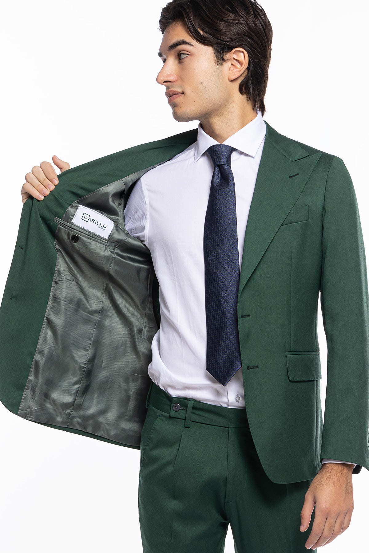 Giacca uomo monopetto verde bottiglia fresco lana super 130's Bristol Tessuti Rever a lancia