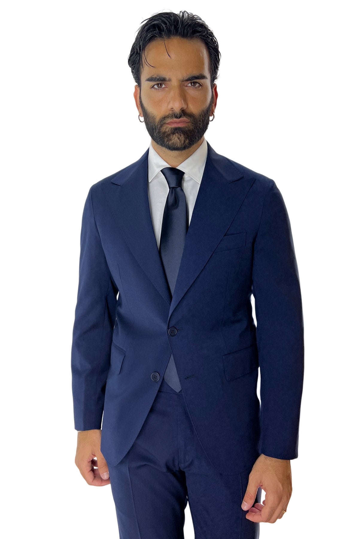 Giacca uomo monopetto Navy blu fresco lana mista Rever a lancia 13cm