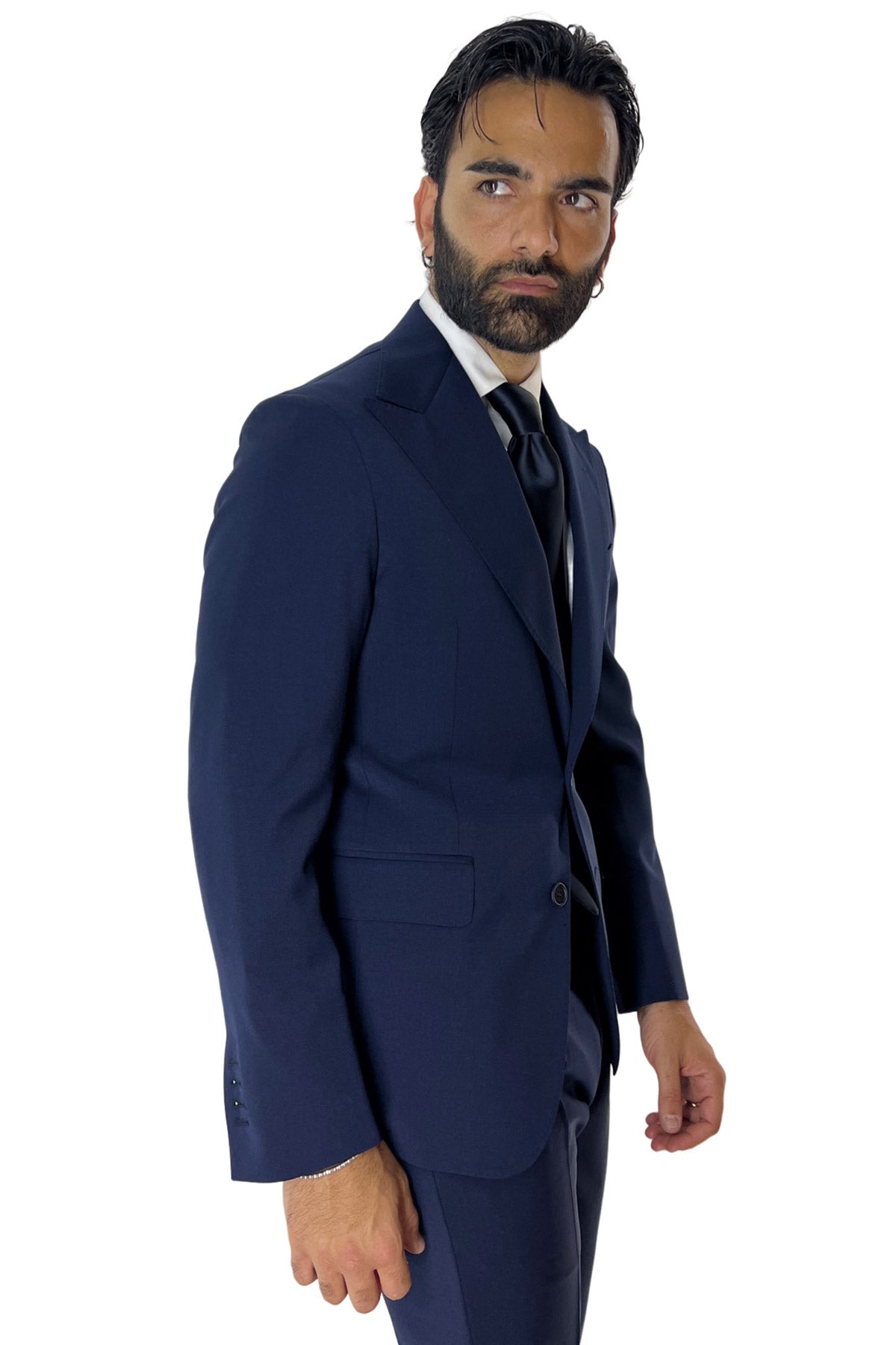 Giacca uomo monopetto Navy blu fresco lana mista Rever a lancia 13cm