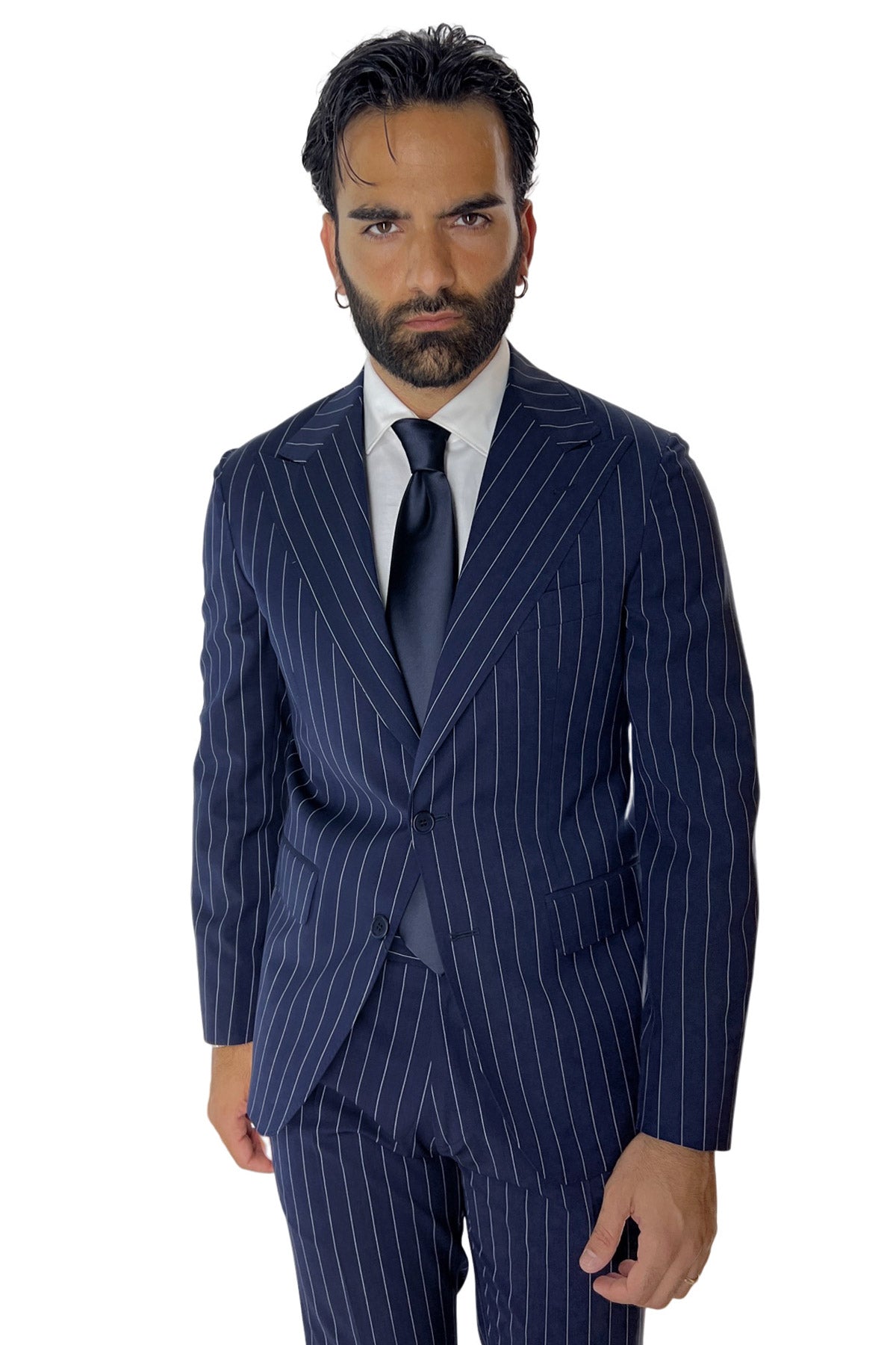 Giacca uomo monopetto gessata Navy blu fresco lana mista Rever a lancia 13cm