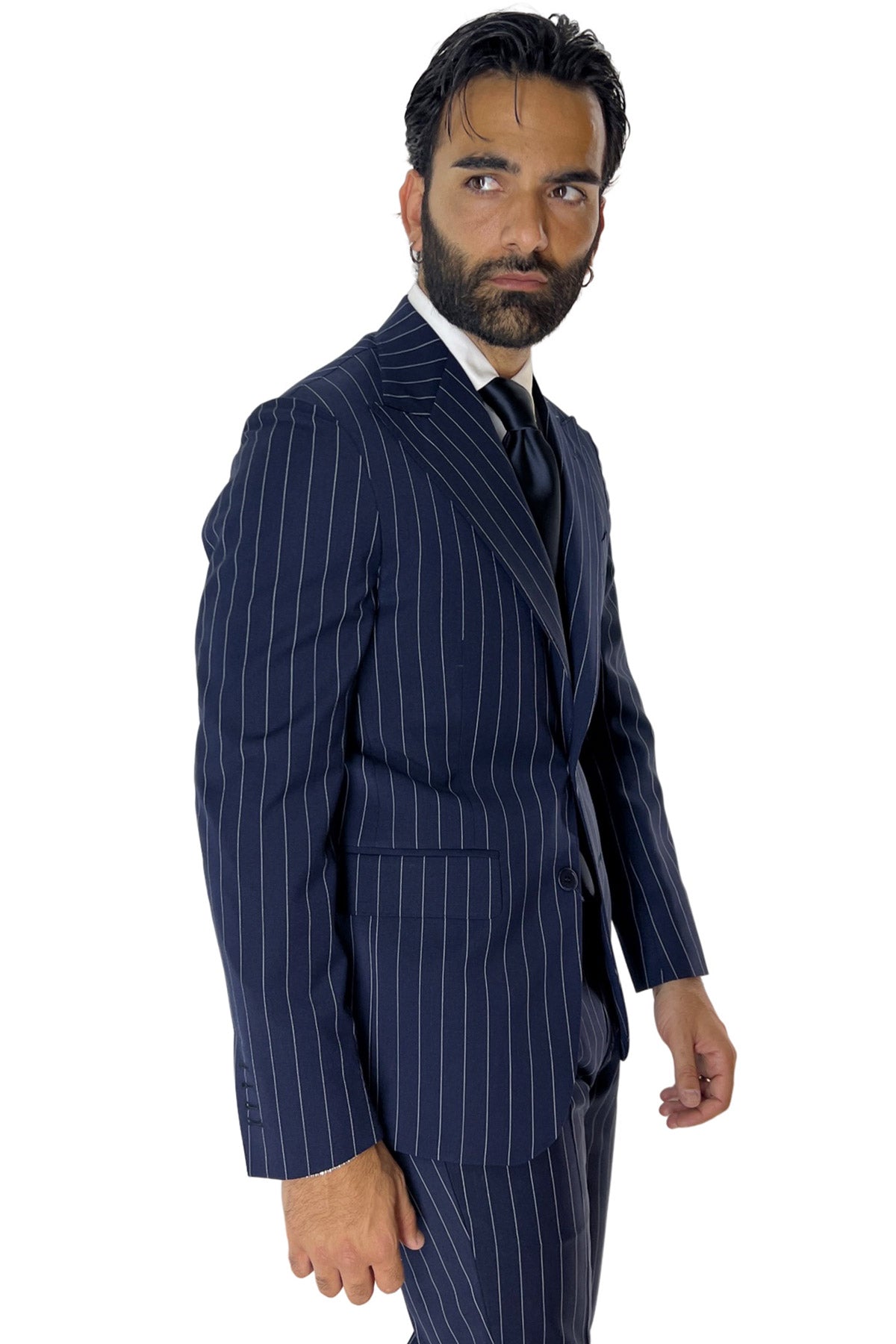 Giacca uomo monopetto gessata Navy blu fresco lana mista Rever a lancia 13cm