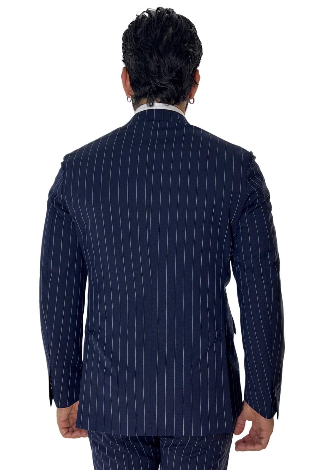 Giacca uomo monopetto gessata Navy blu fresco lana mista Rever a lancia 13cm