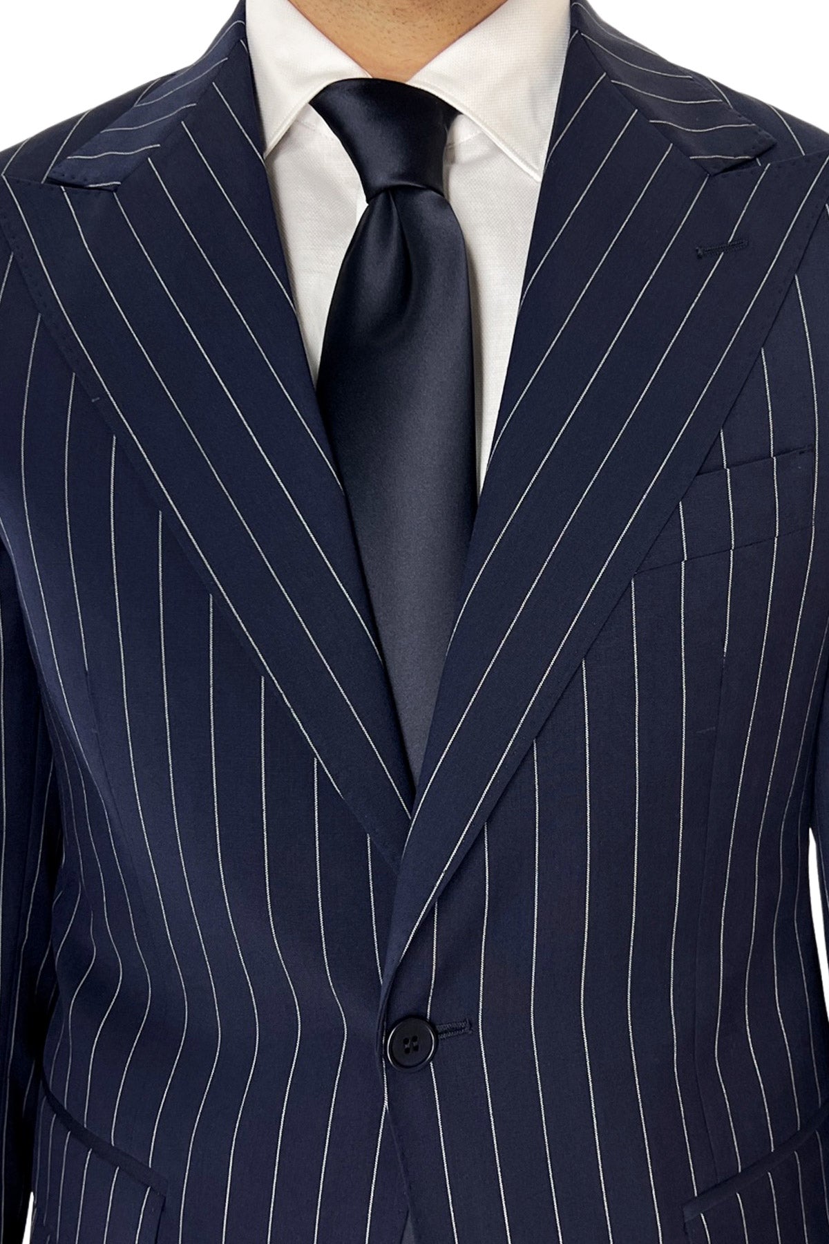 Giacca uomo monopetto gessata Navy blu fresco lana mista Rever a lancia 13cm