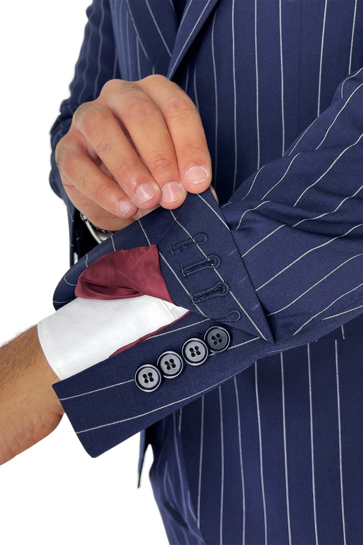 Giacca uomo monopetto gessata Navy blu fresco lana mista Rever a lancia 13cm