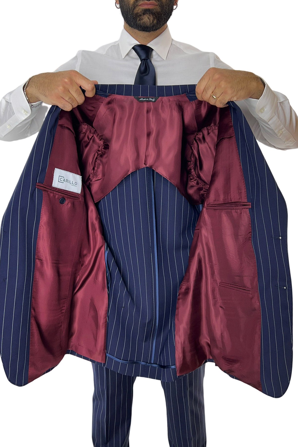 Giacca uomo monopetto gessata Navy blu fresco lana mista Rever a lancia 13cm