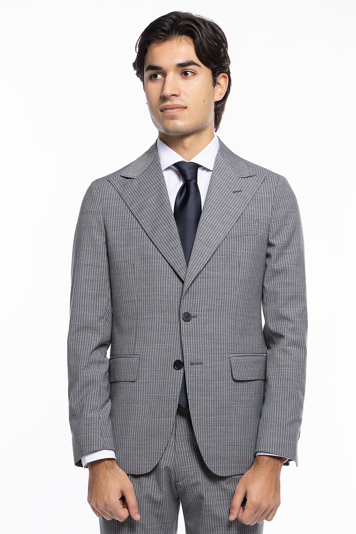 Abito uomo monopetto Grigio chiaro rigato fresco lana mista Rever a lancia 13cm