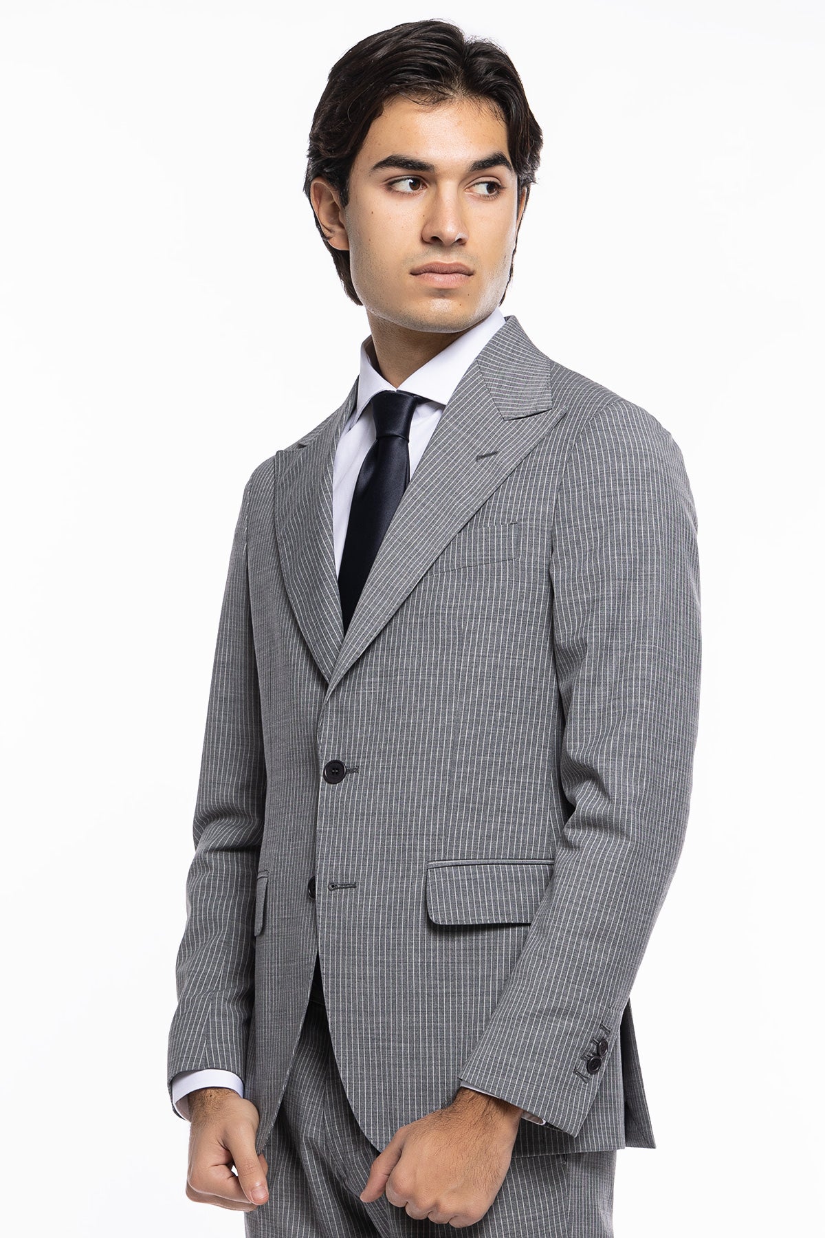 Abito uomo monopetto Grigio chiaro rigato fresco lana mista Rever a lancia 13cm