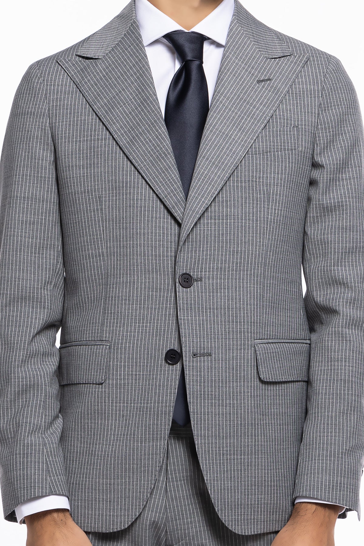 Abito uomo monopetto Grigio chiaro rigato fresco lana mista Rever a lancia 13cm