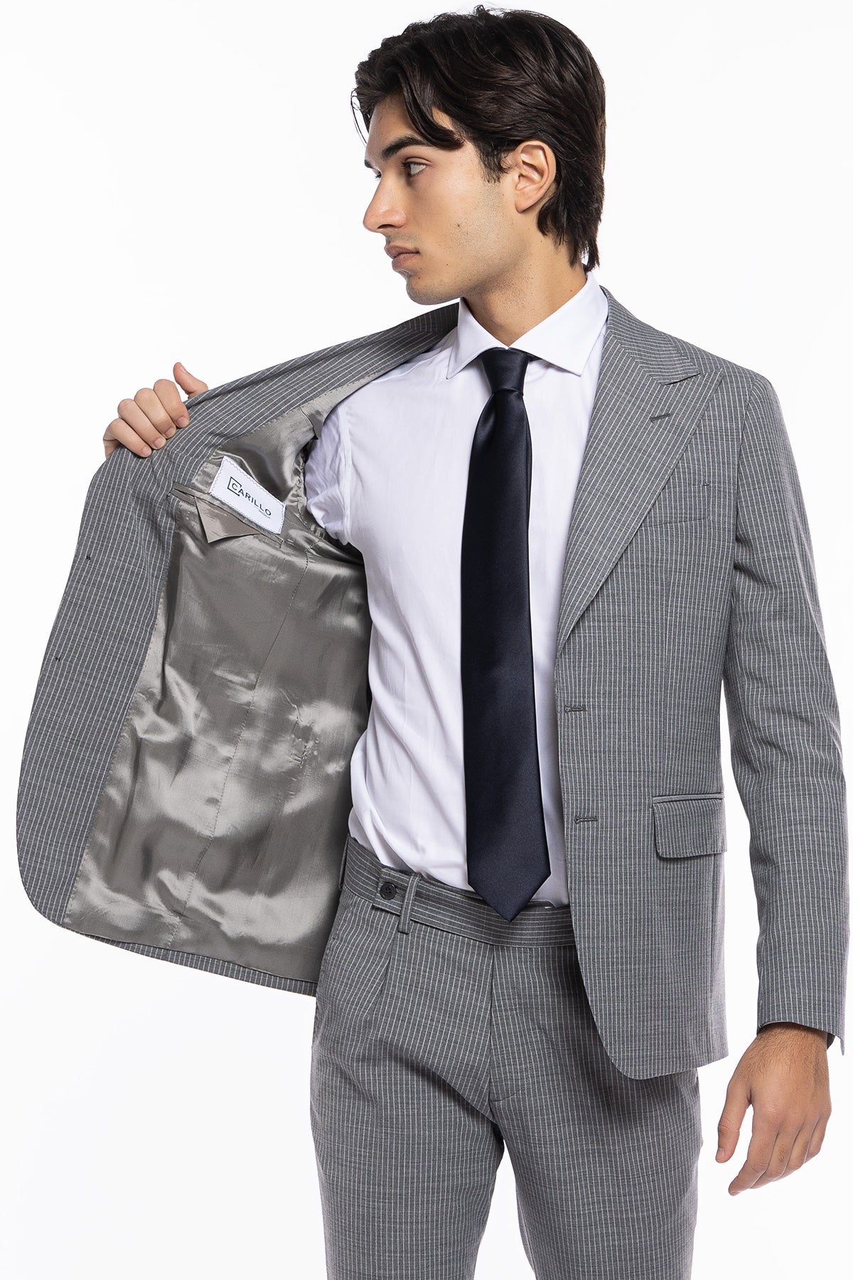 Abito uomo monopetto Grigio chiaro rigato fresco lana mista Rever a lancia 13cm