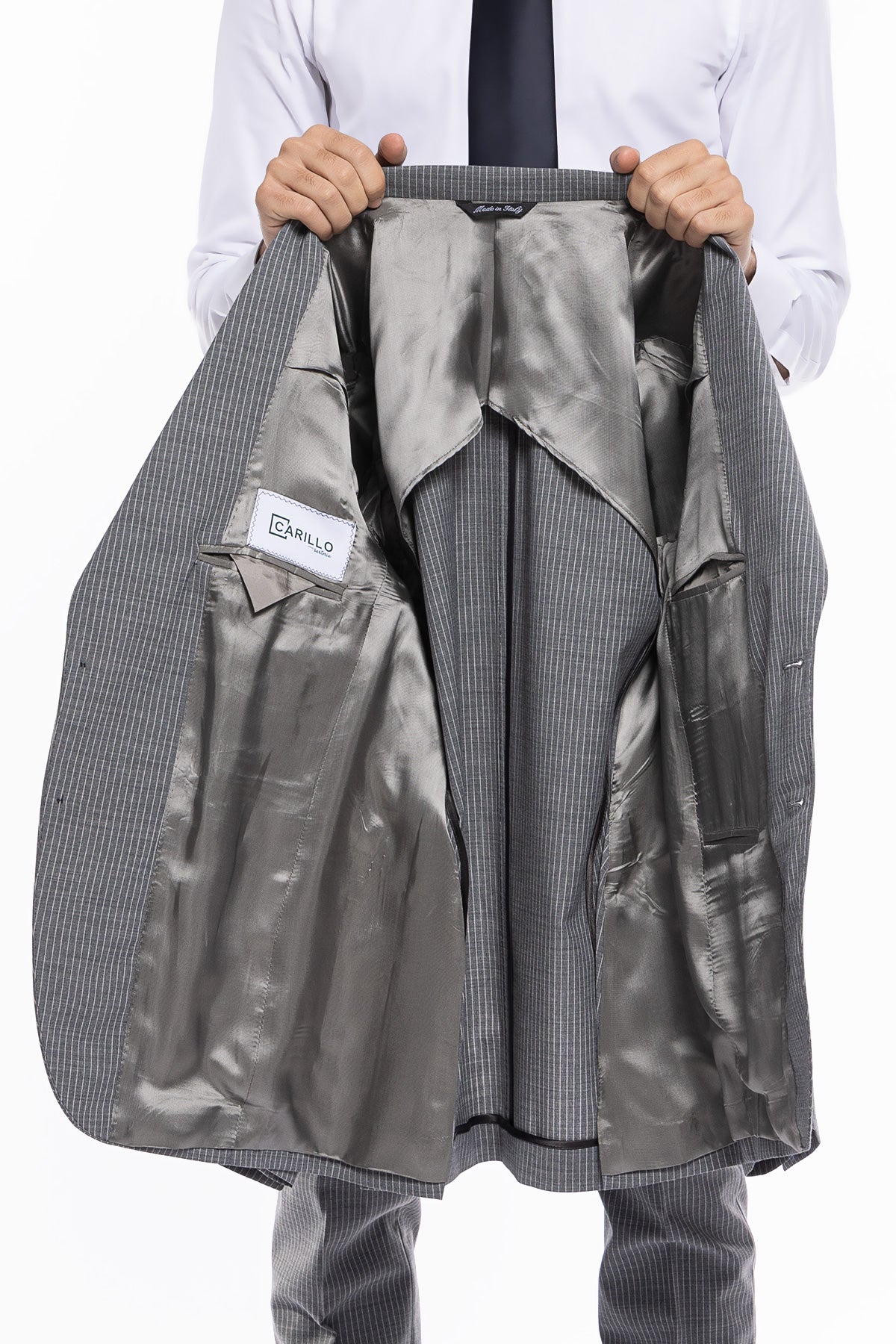 Abito uomo monopetto Grigio chiaro rigato fresco lana mista Rever a lancia 13cm