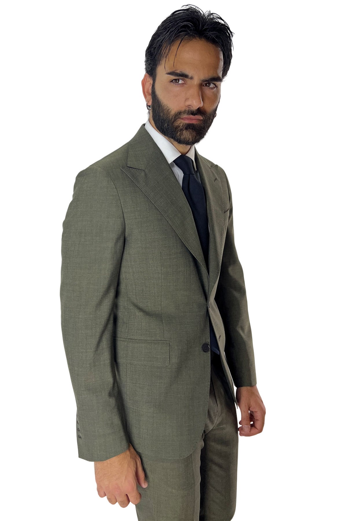 Giacca uomo monopetto verde militare fresco lana mista Rever a lancia 13cm