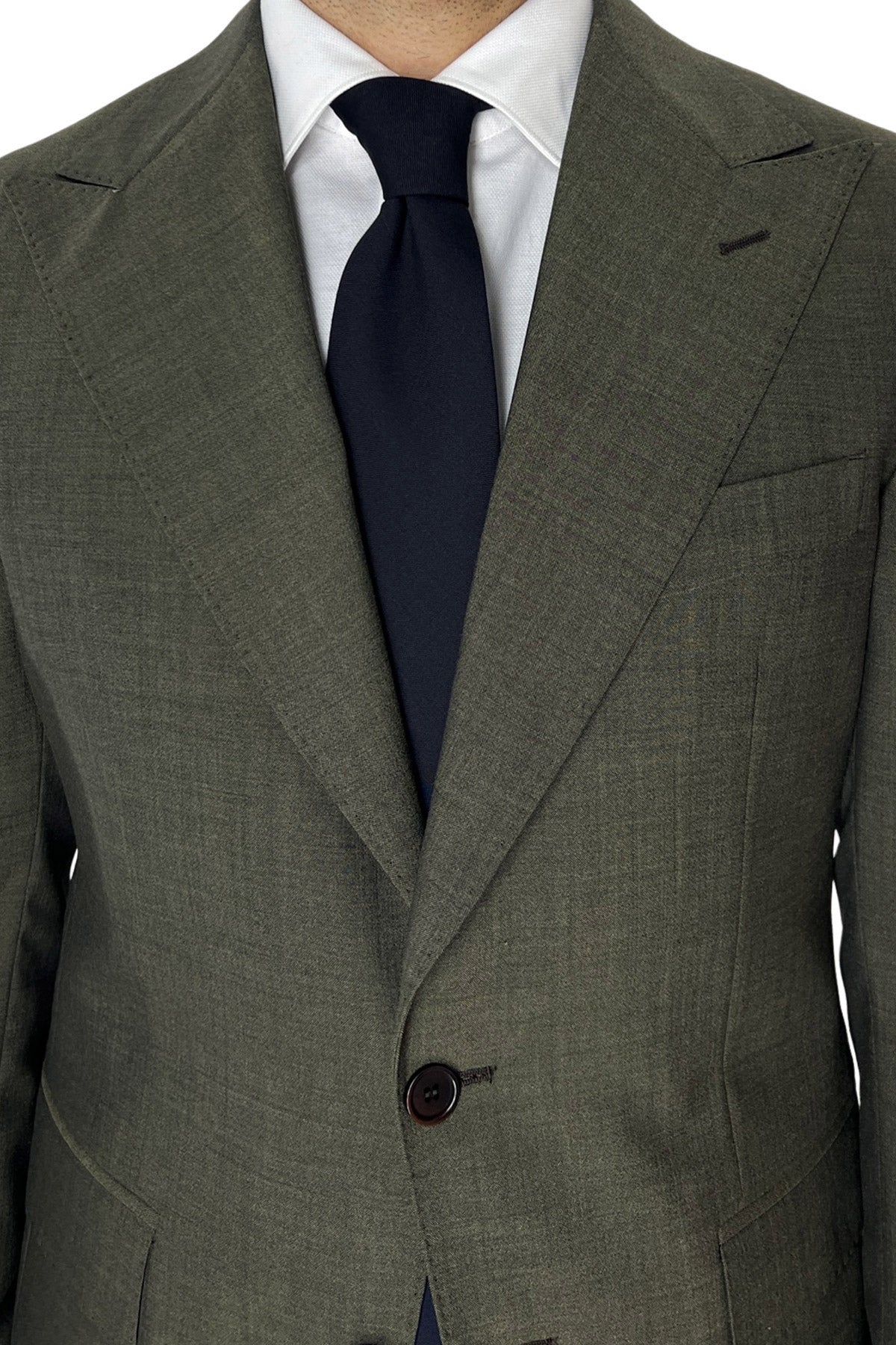 Giacca uomo monopetto verde militare fresco lana mista Rever a lancia 13cm