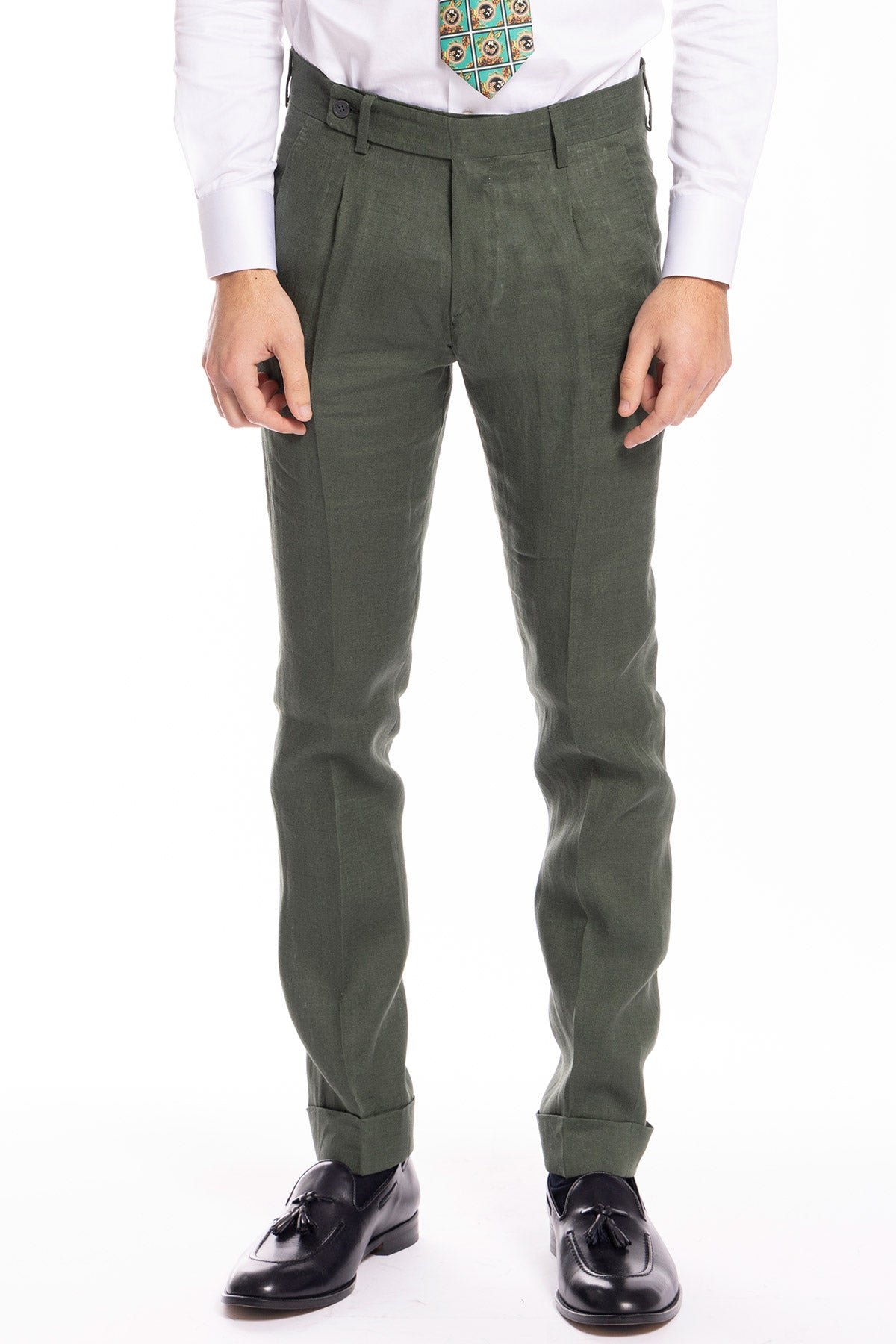 Pantalone uomo Verde di ilino 100%  tasca america con una pinces e risvolto 4cm