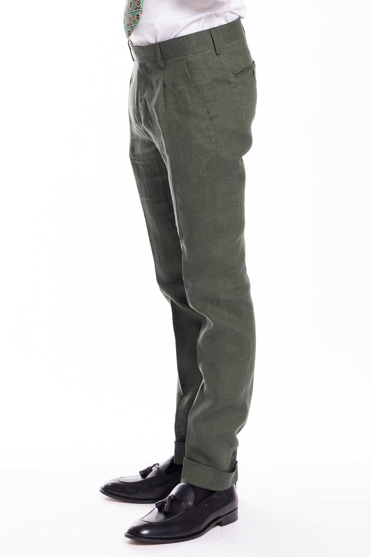 Pantalone uomo Verde di ilino 100%  tasca america con una pinces e risvolto 4cm