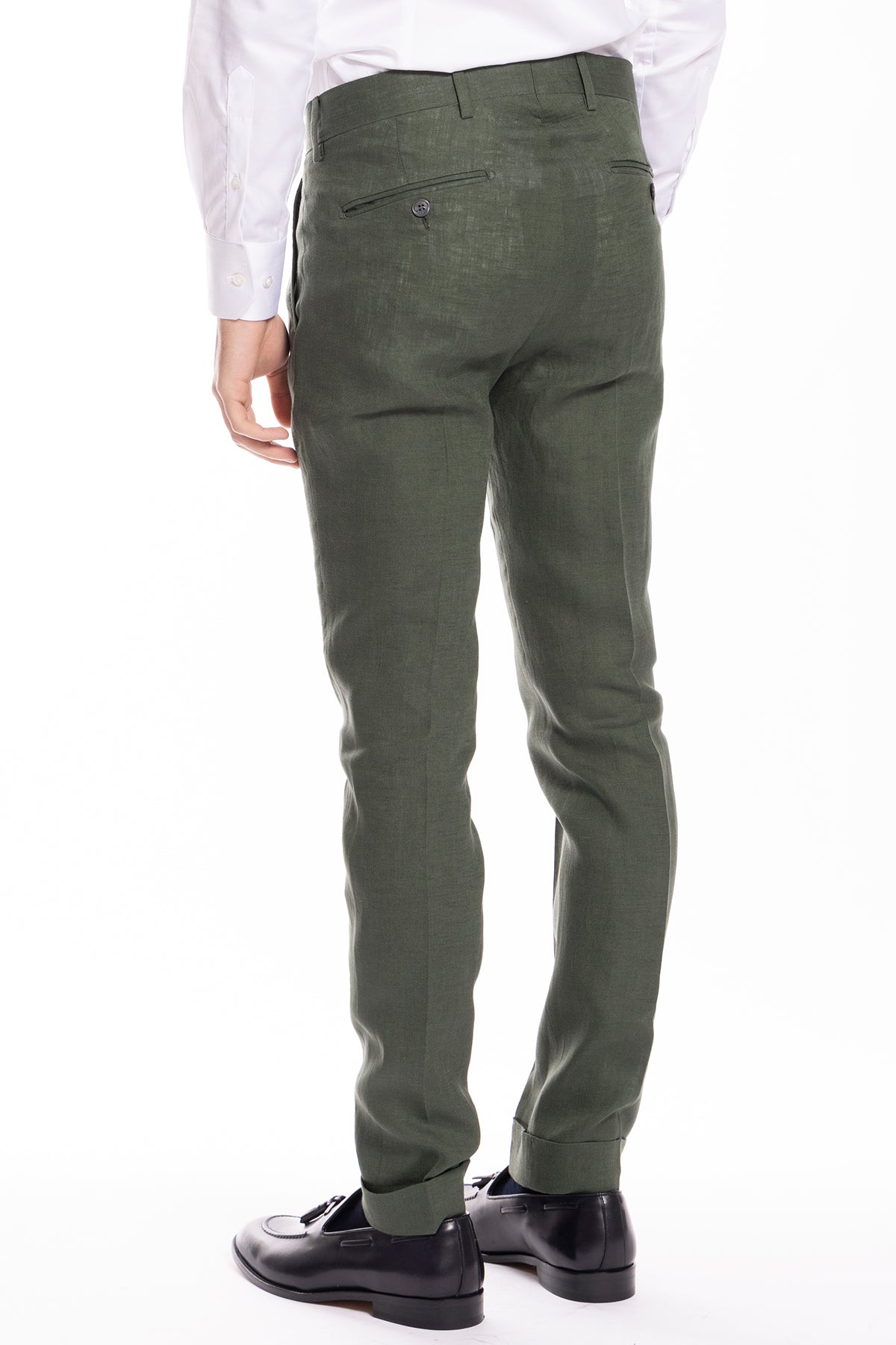 Abito uomo doppiopetto verde militare in lino al 100% Rever a lancia tasche a toppe