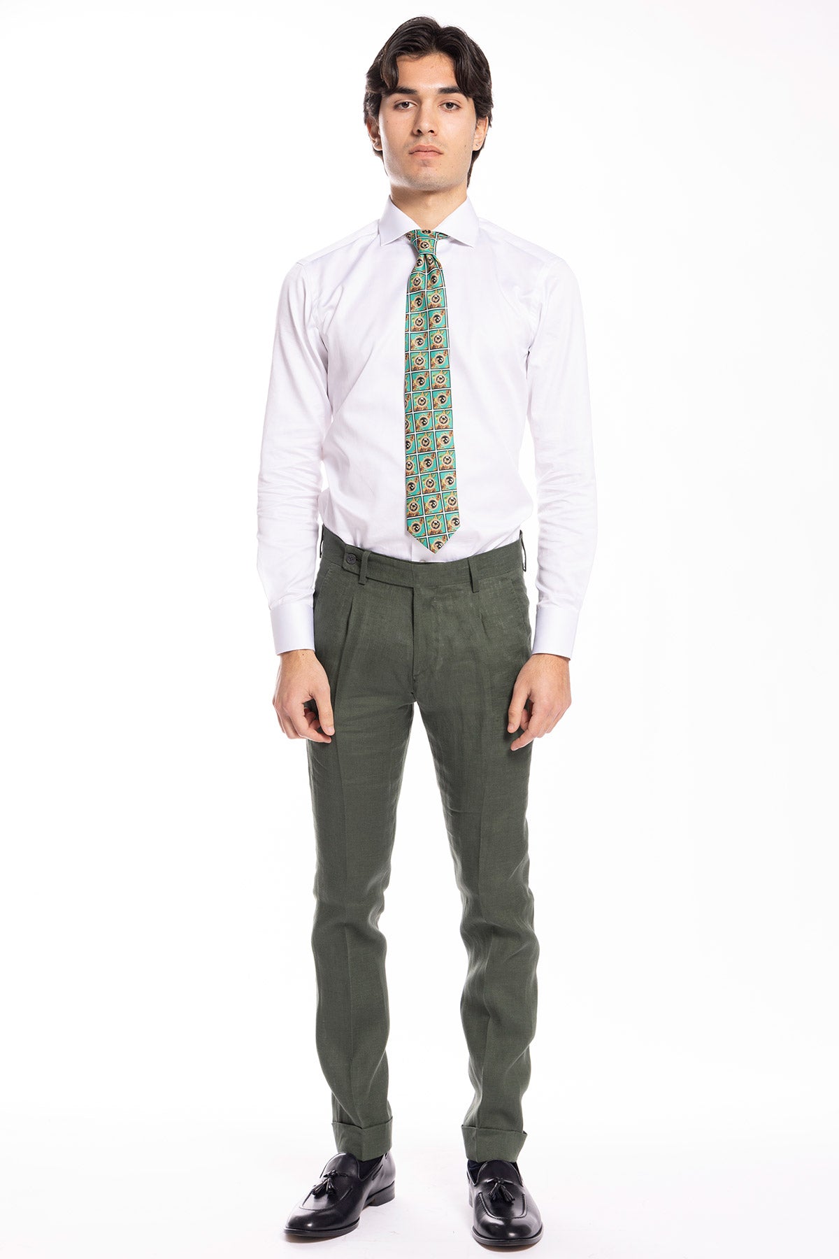 Abito uomo doppiopetto verde militare in lino al 100% Rever a lancia tasche a toppe