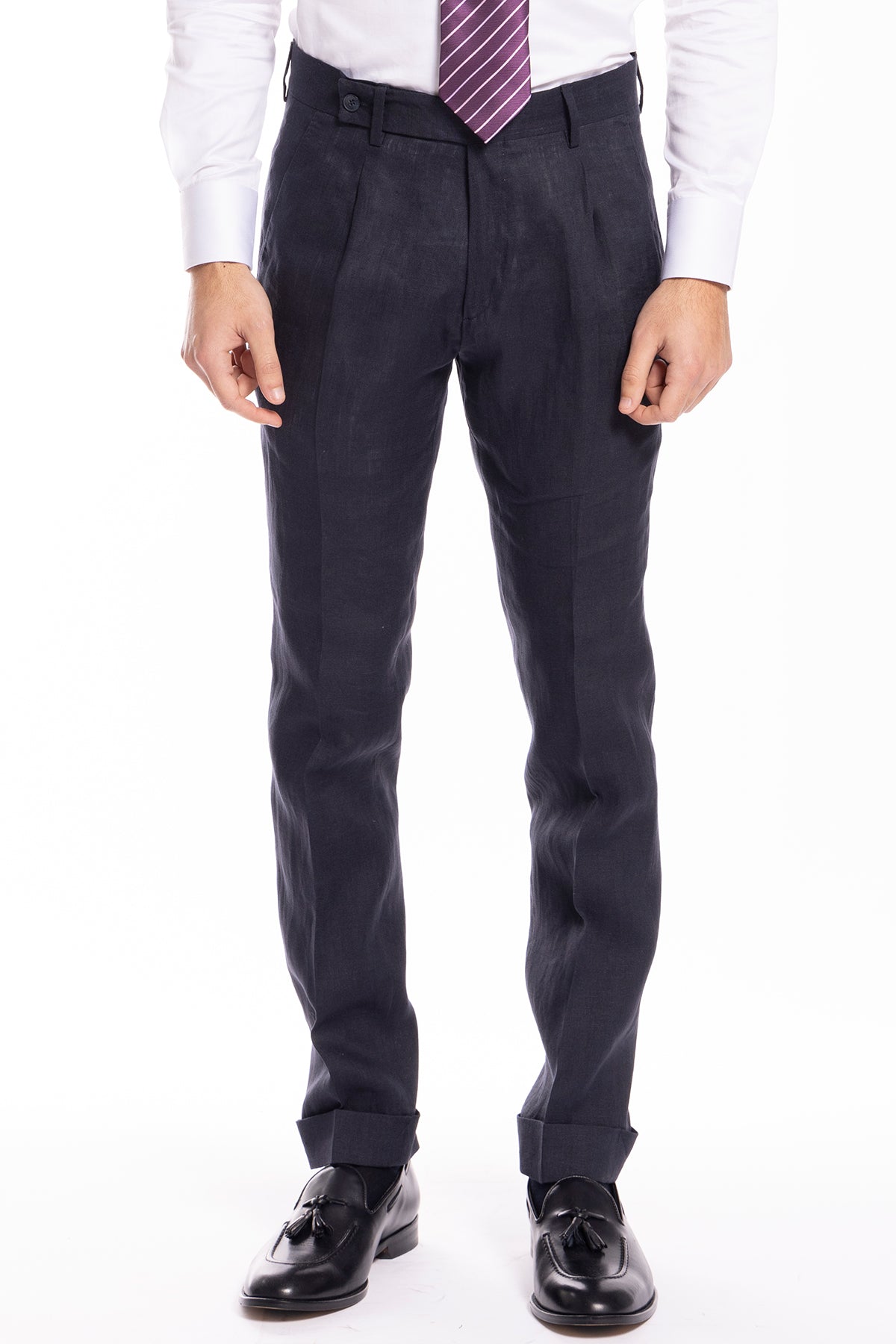 Pantalone uomo Navy blu di puro ilino al 100%  tasca america con una pinces e risvolto 4cm