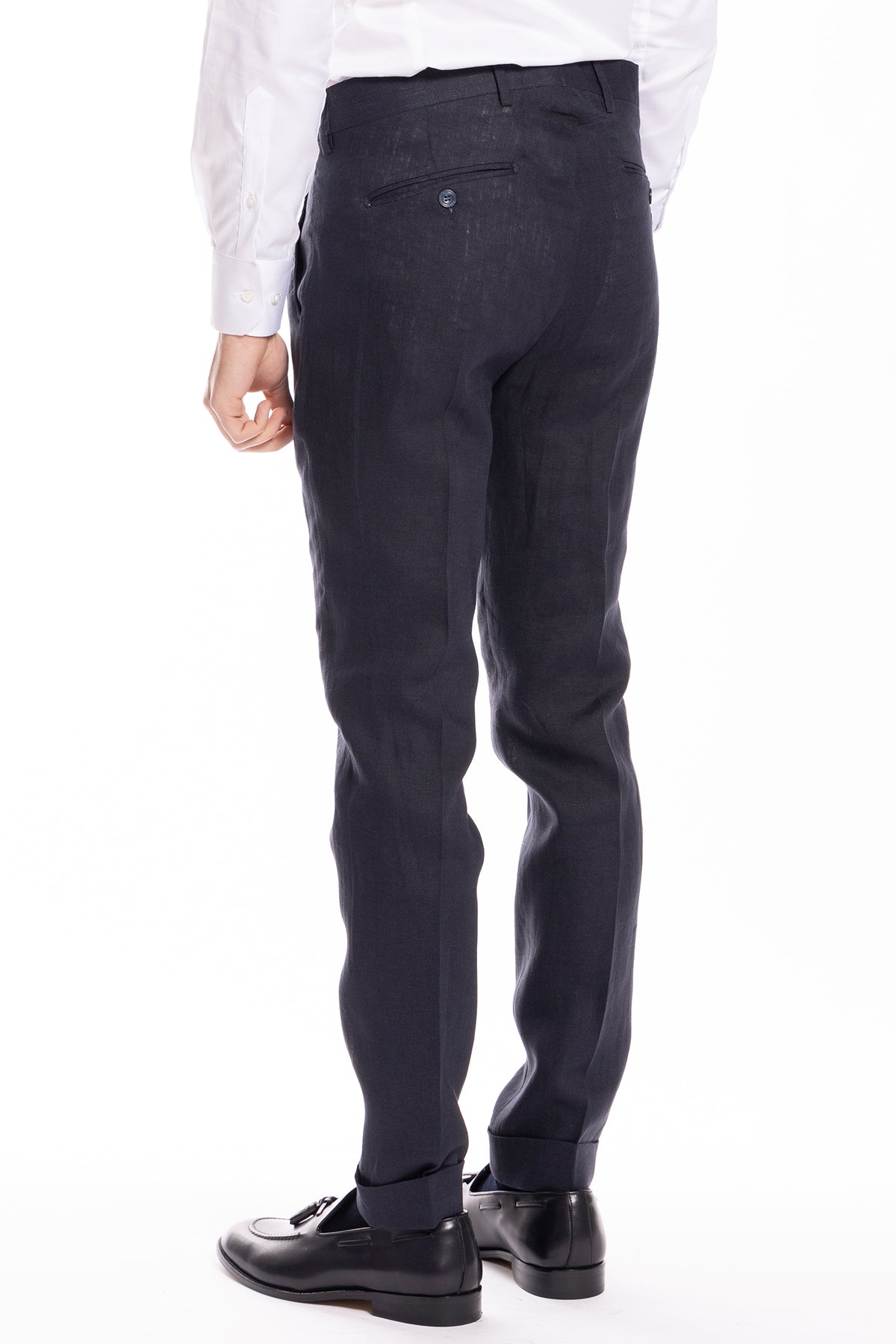 Pantalone uomo Navy blu di puro ilino al 100%  tasca america con una pinces e risvolto 4cm