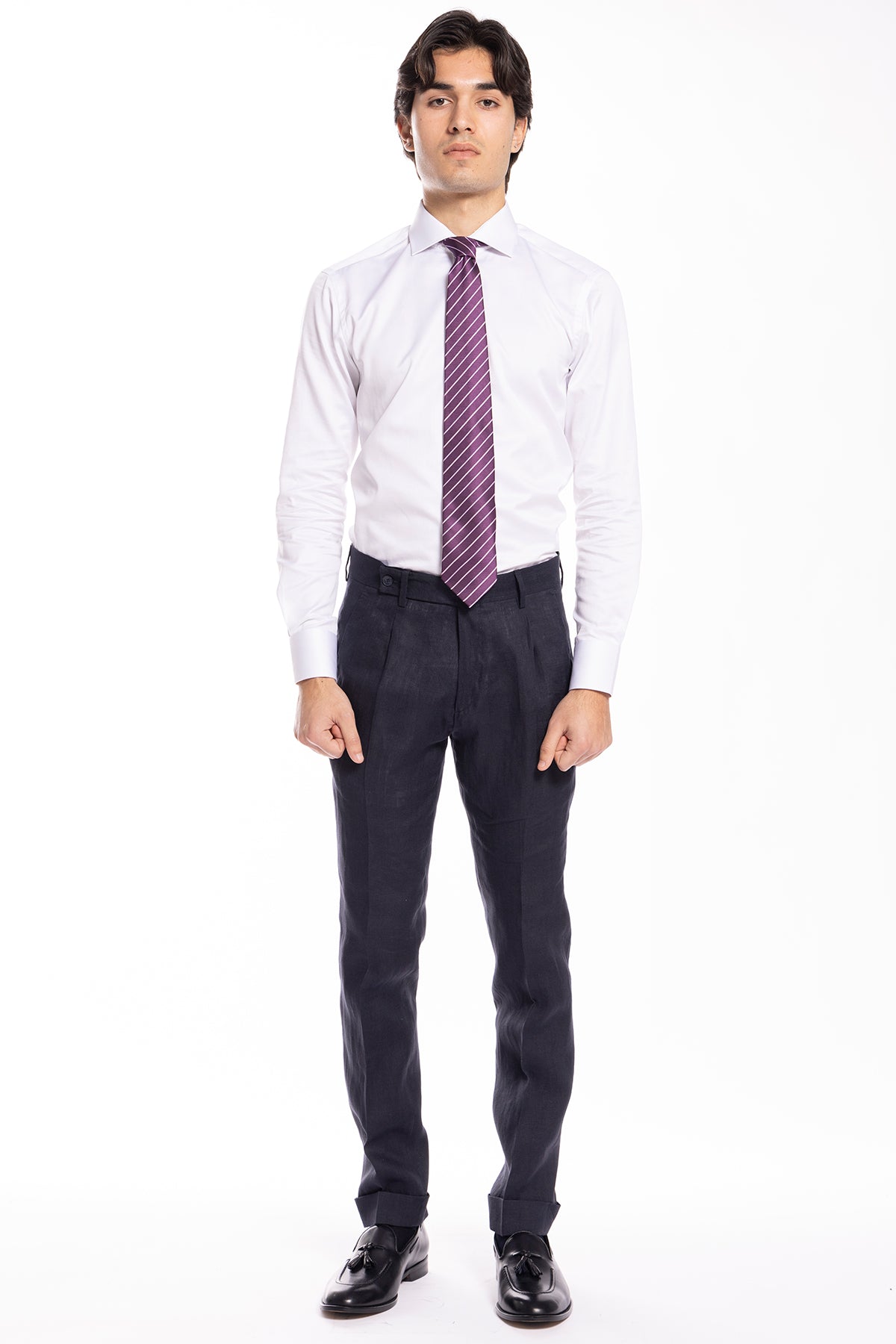 Abito uomo monopetto Navy blu in lino 100% Rever largo tasche a toppe vestibilità regular fit
