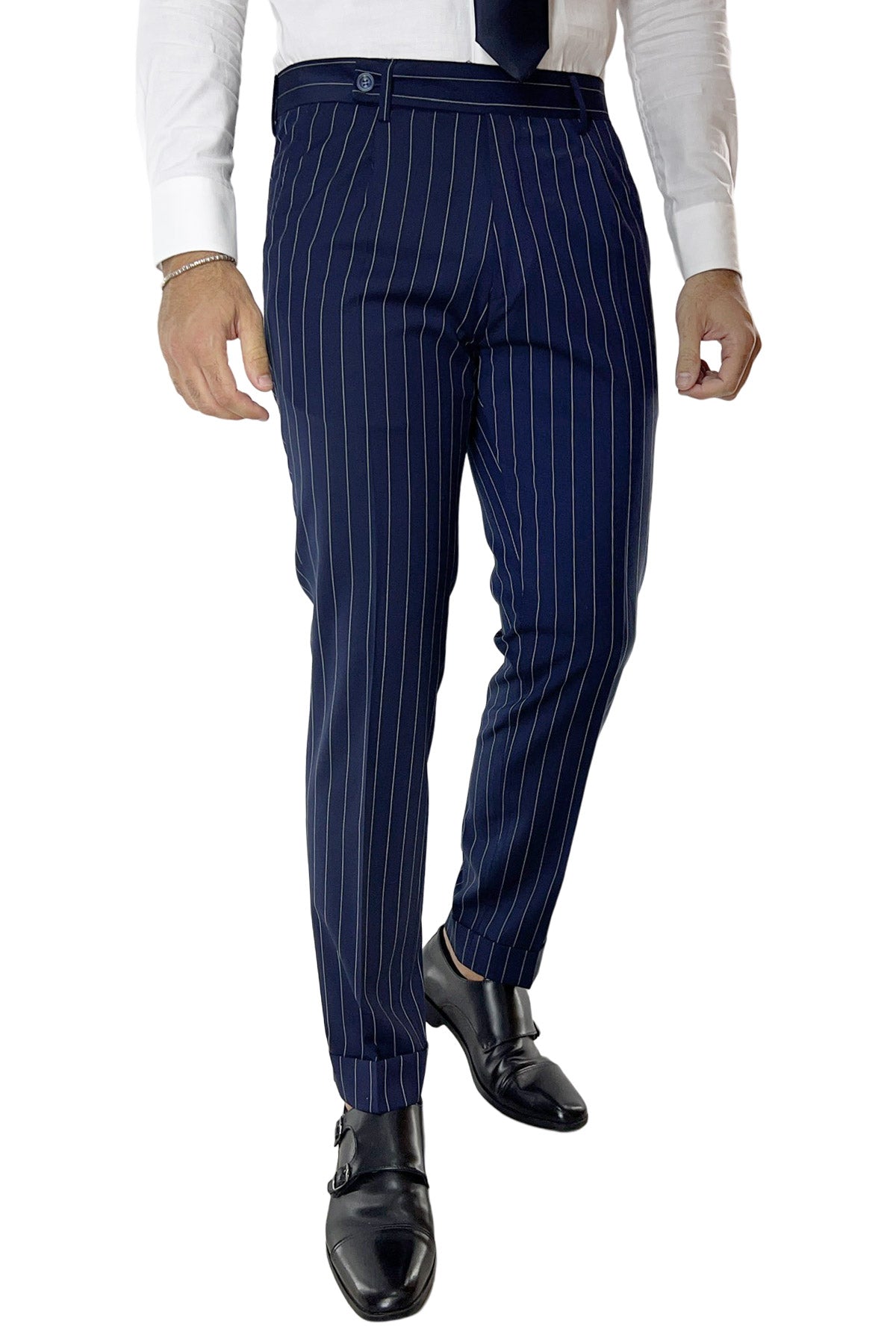 Pantalone uomo blu gessato fresco lana tasca america con una pinces e risvolto 4cm