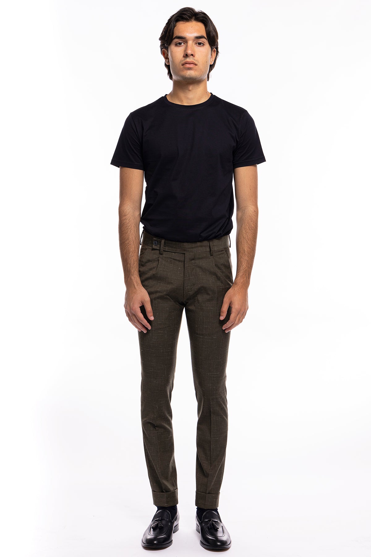 Pantalone uomo verde extra slim militare pied de poule fresco lana tasca america con una pinces e risvolto 4cm.