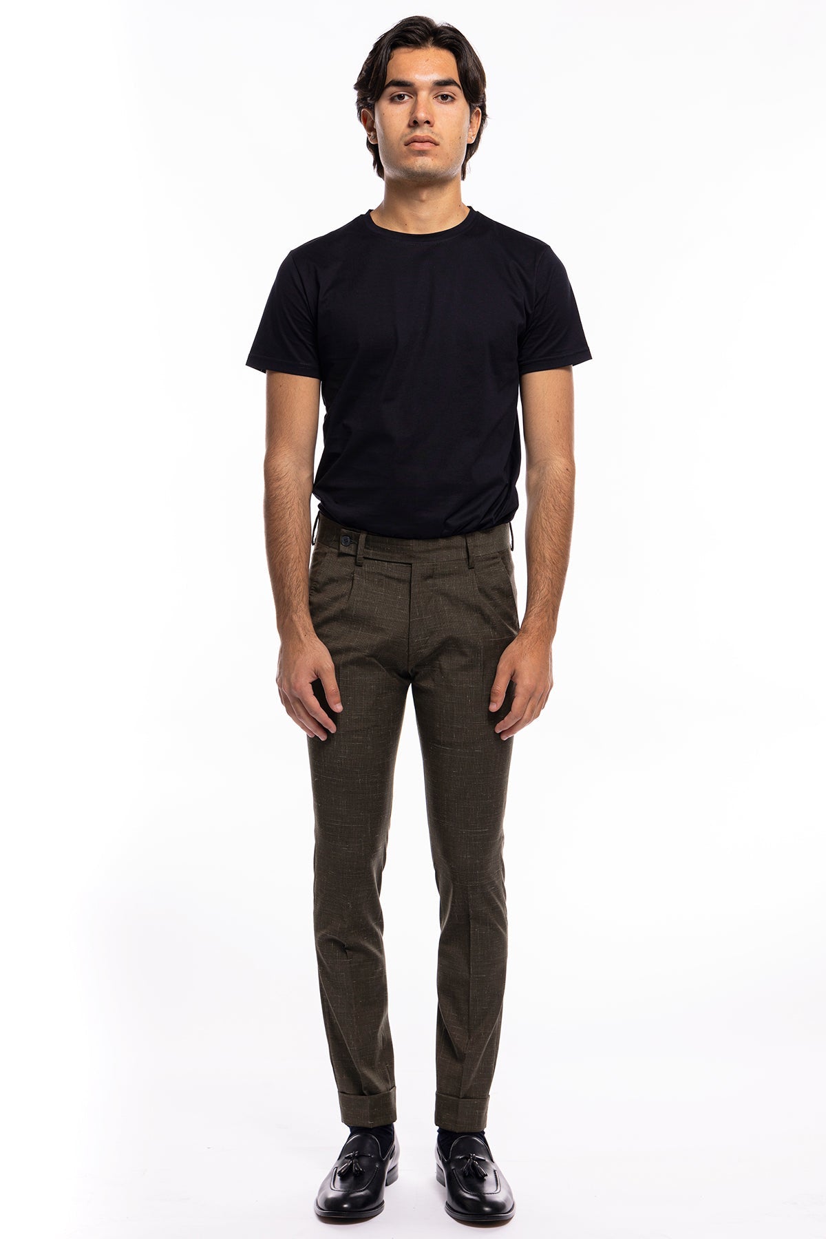 Pantalone uomo verde extra slim militare pied de poule fresco lana tasca america con una pinces e risvolto 4cm.