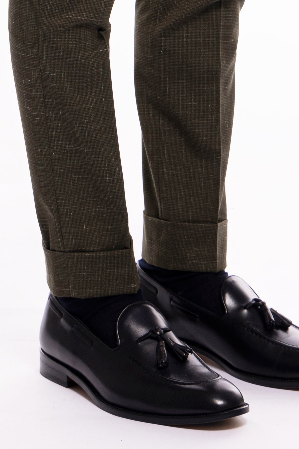 Pantalone uomo verde extra slim militare pied de poule fresco lana tasca america con una pinces e risvolto 4cm.
