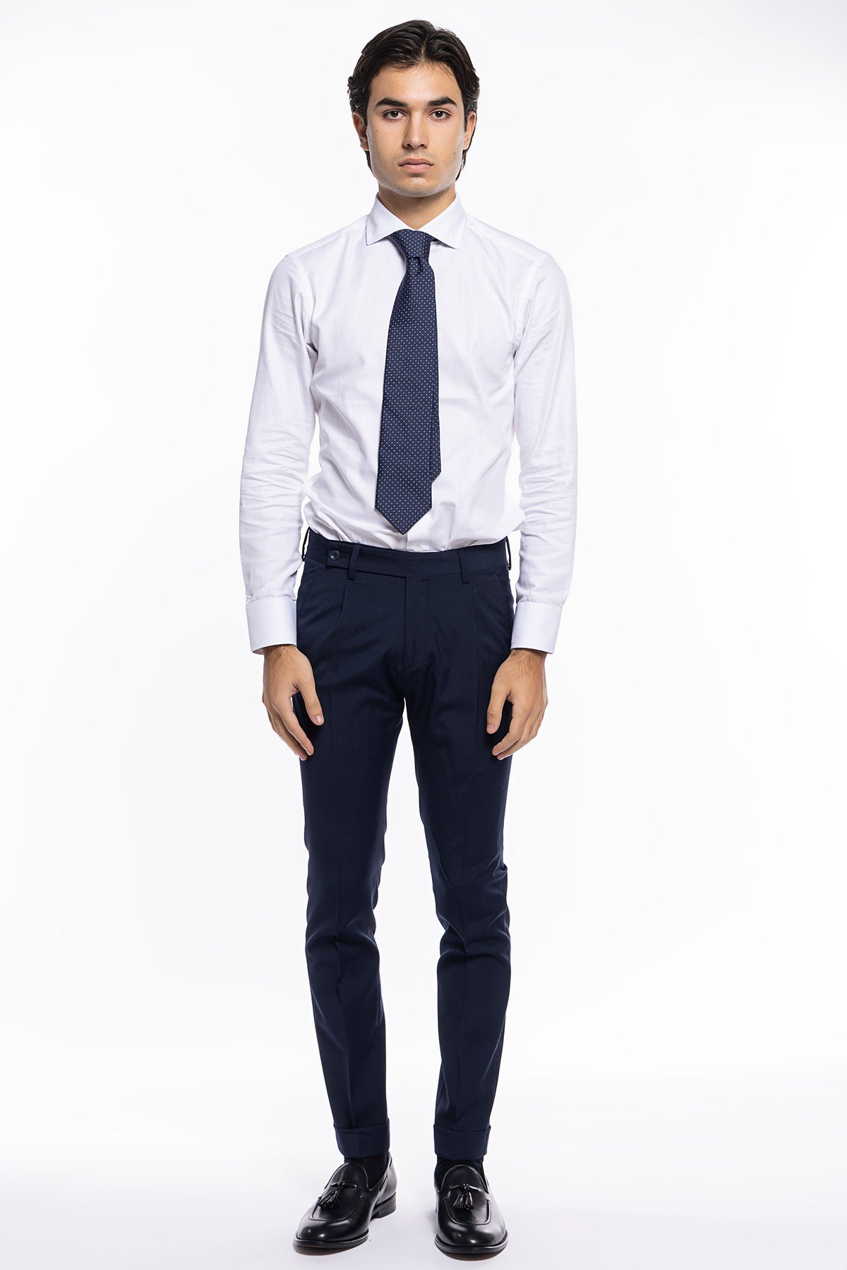 Pantalone uomo Navy blu fresco lana tasca america con una pinces e risvolto 4cm