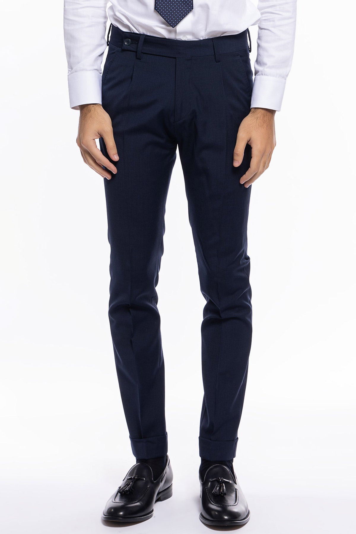 Pantalone uomo Navy blu fresco lana tasca america con una pinces e risvolto 4cm