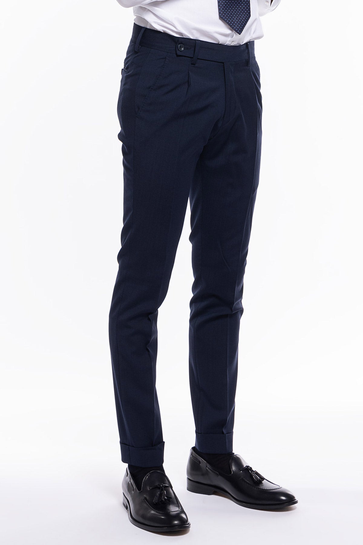 Pantalone uomo Navy blu fresco lana tasca america con una pinces e risvolto 4cm