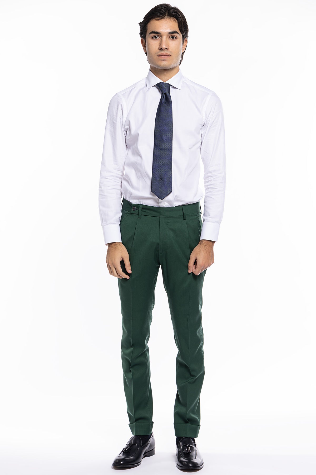 Pantalone uomo Verde bottiglia fresco lana super 130's  tasca america con una pinces e risvolto 4cm
