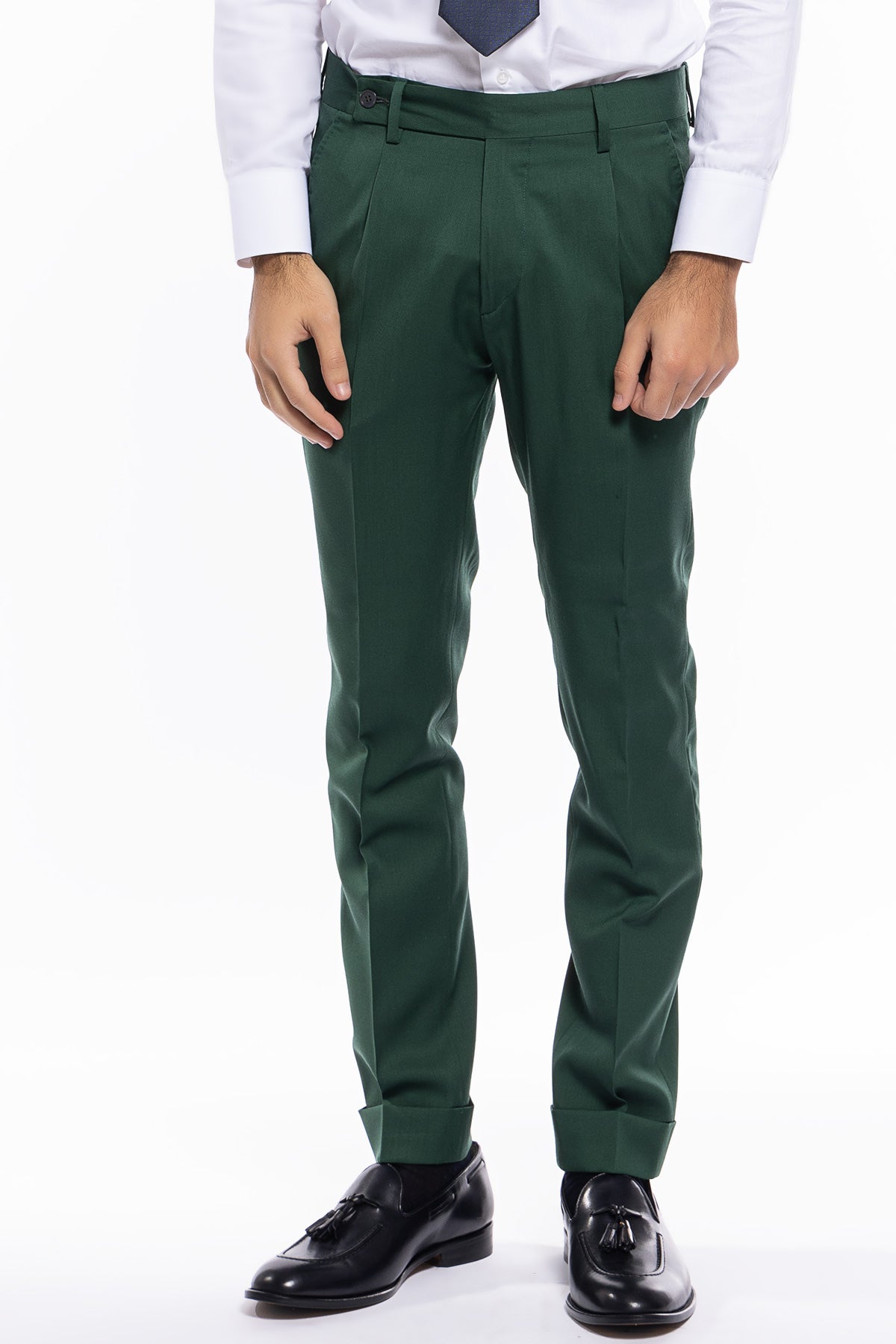 Pantalone uomo Verde bottiglia fresco lana super 130's  tasca america con una pinces e risvolto 4cm