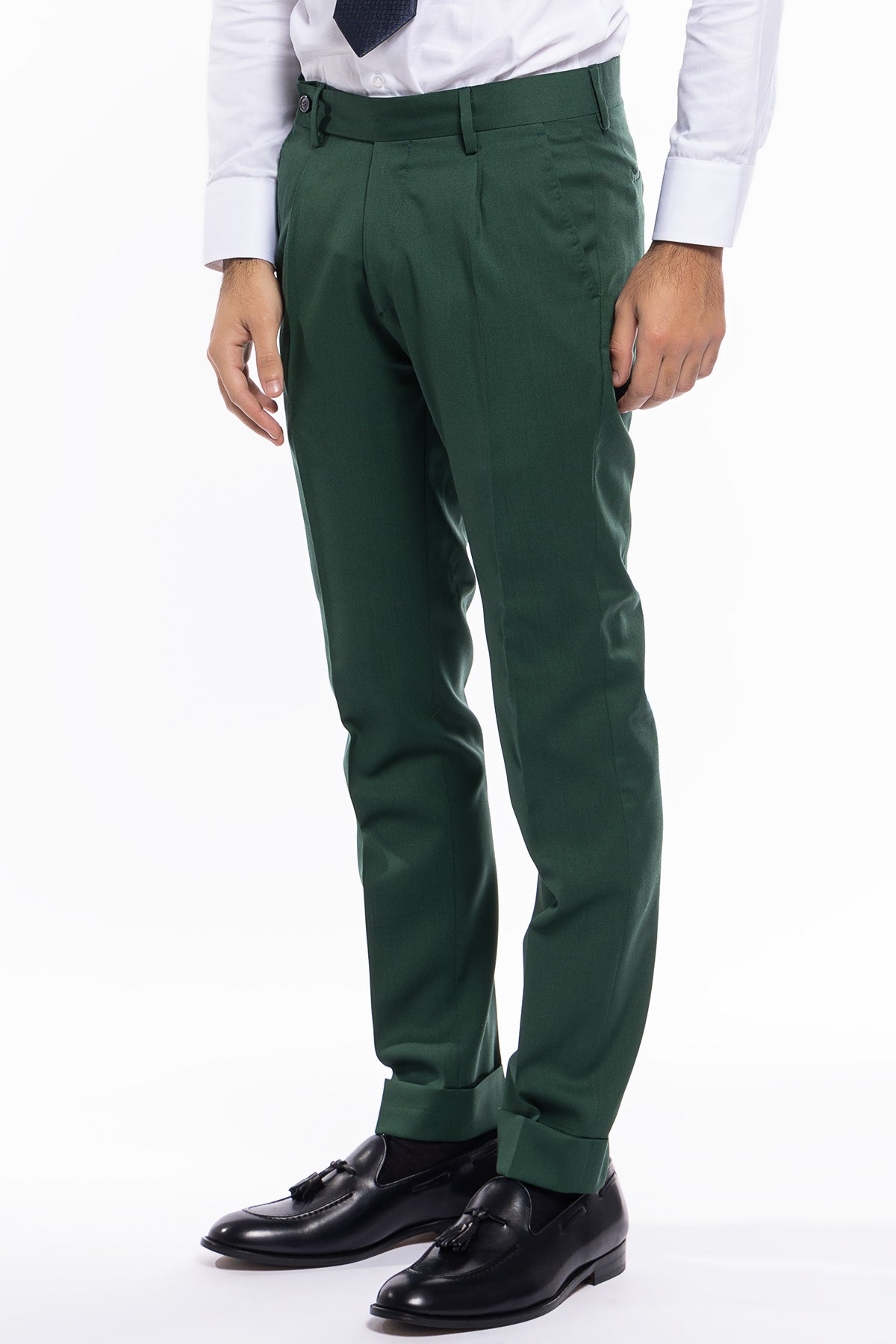 Pantalone uomo Verde bottiglia fresco lana super 130's  tasca america con una pinces e risvolto 4cm