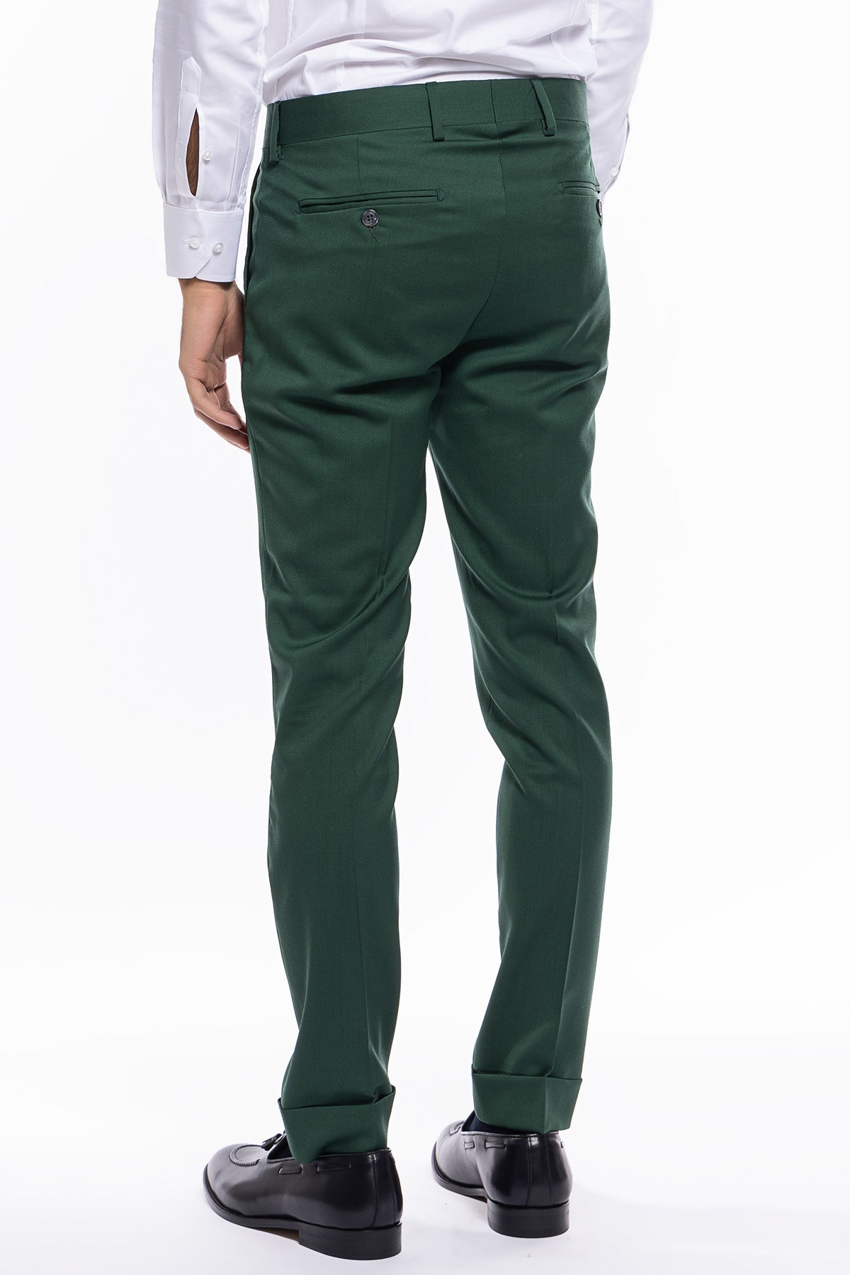 Pantalone uomo Verde bottiglia fresco lana super 130's  tasca america con una pinces e risvolto 4cm