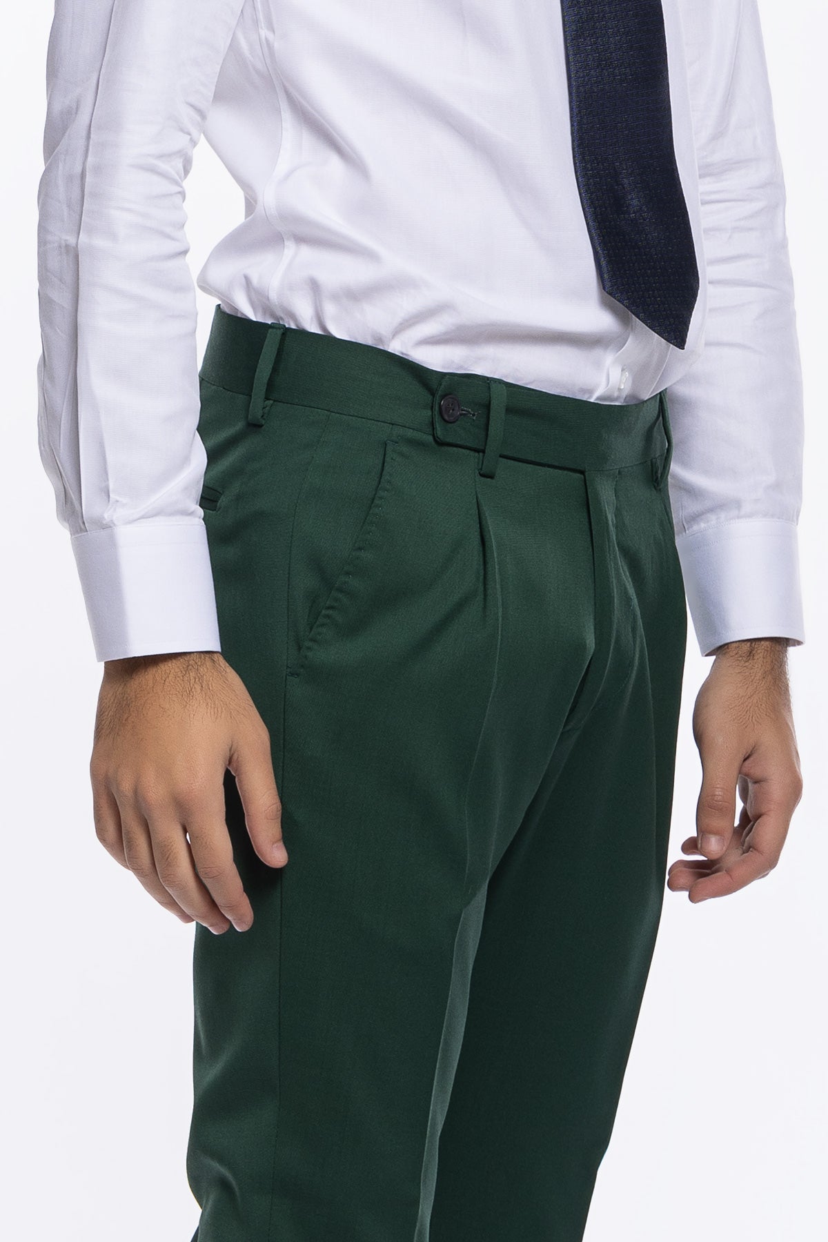 Pantalone uomo Verde bottiglia fresco lana super 130's  tasca america con una pinces e risvolto 4cm