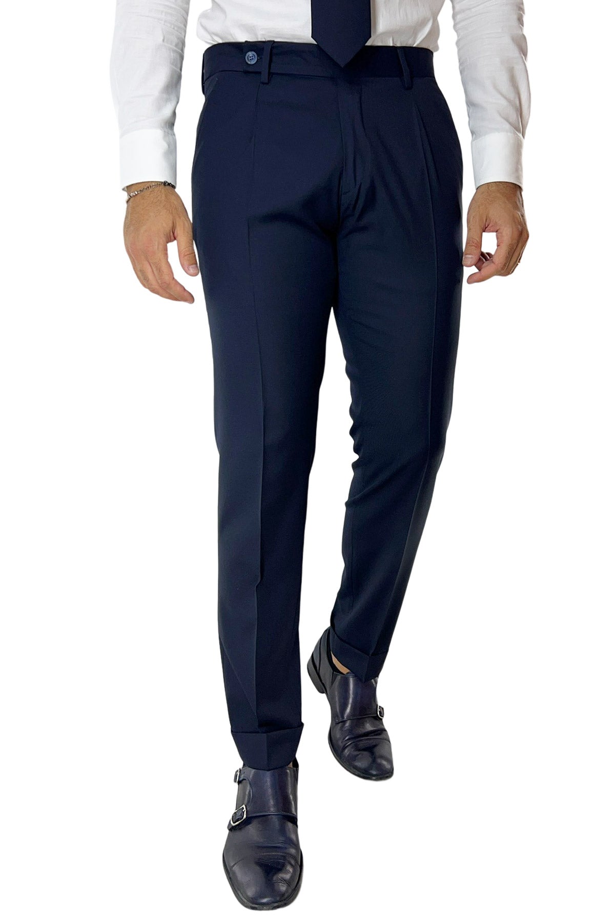 Pantalone uomo navy blu fresco lana super 120's Holland & Sherry tasca america con una pinces e risvolto 4cm