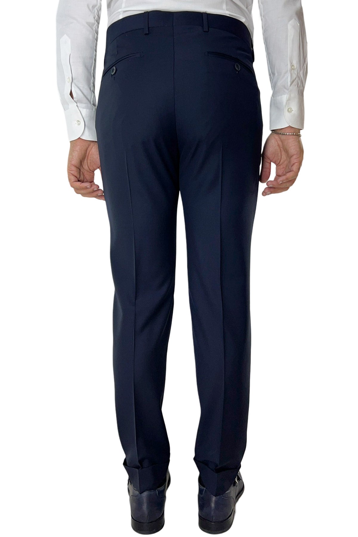 Pantalone uomo navy blu fresco lana super 120's Holland & Sherry tasca america con una pinces e risvolto 4cm