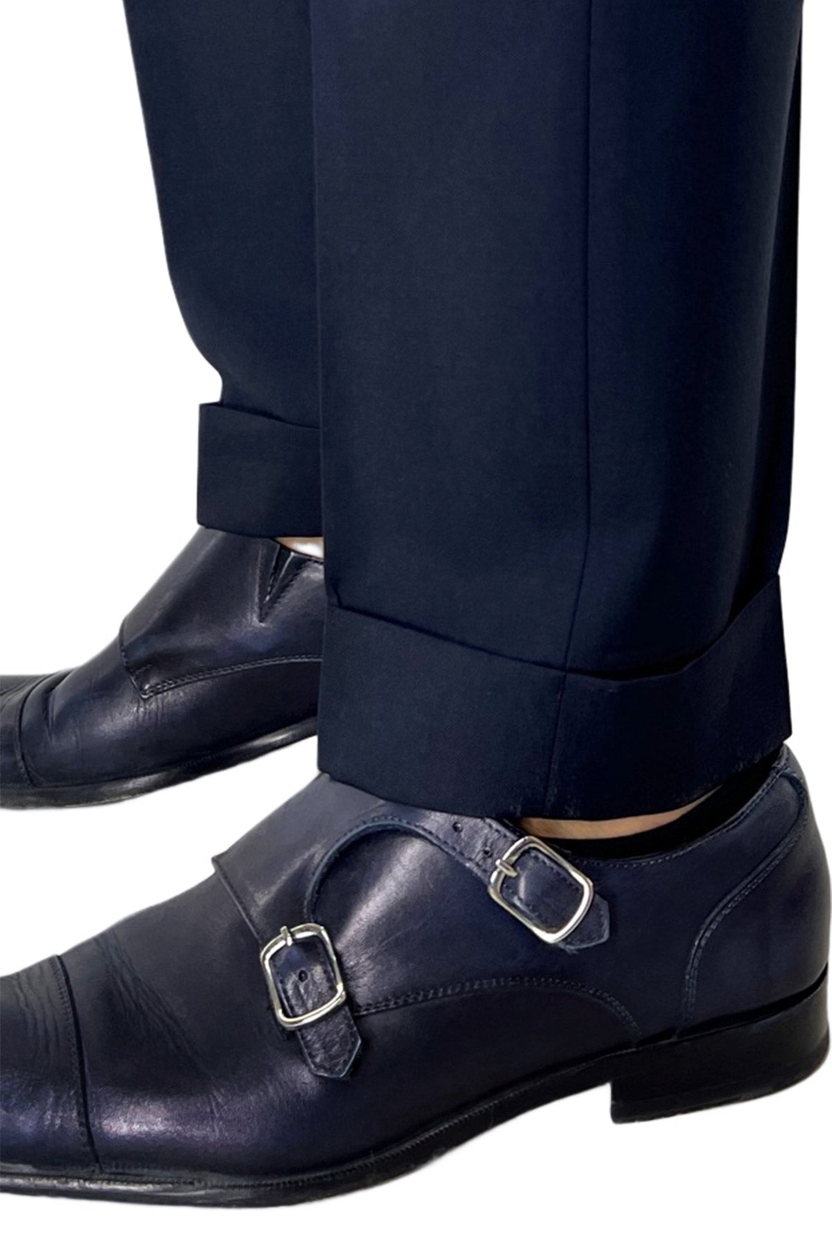 Pantalone uomo navy blu fresco lana super 120's Holland & Sherry tasca america con una pinces e risvolto 4cm