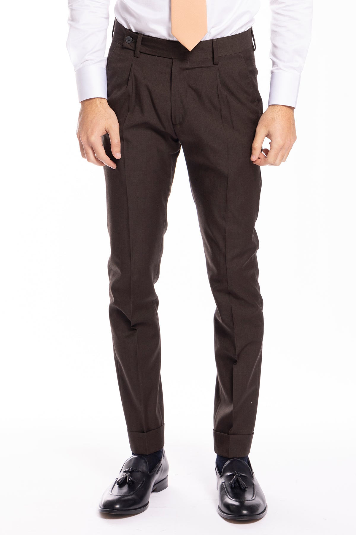 Pantalone uomo Marrone fresco lana super 120's Holland & Sherry tasca america con una pinces e risvolto 4cm
