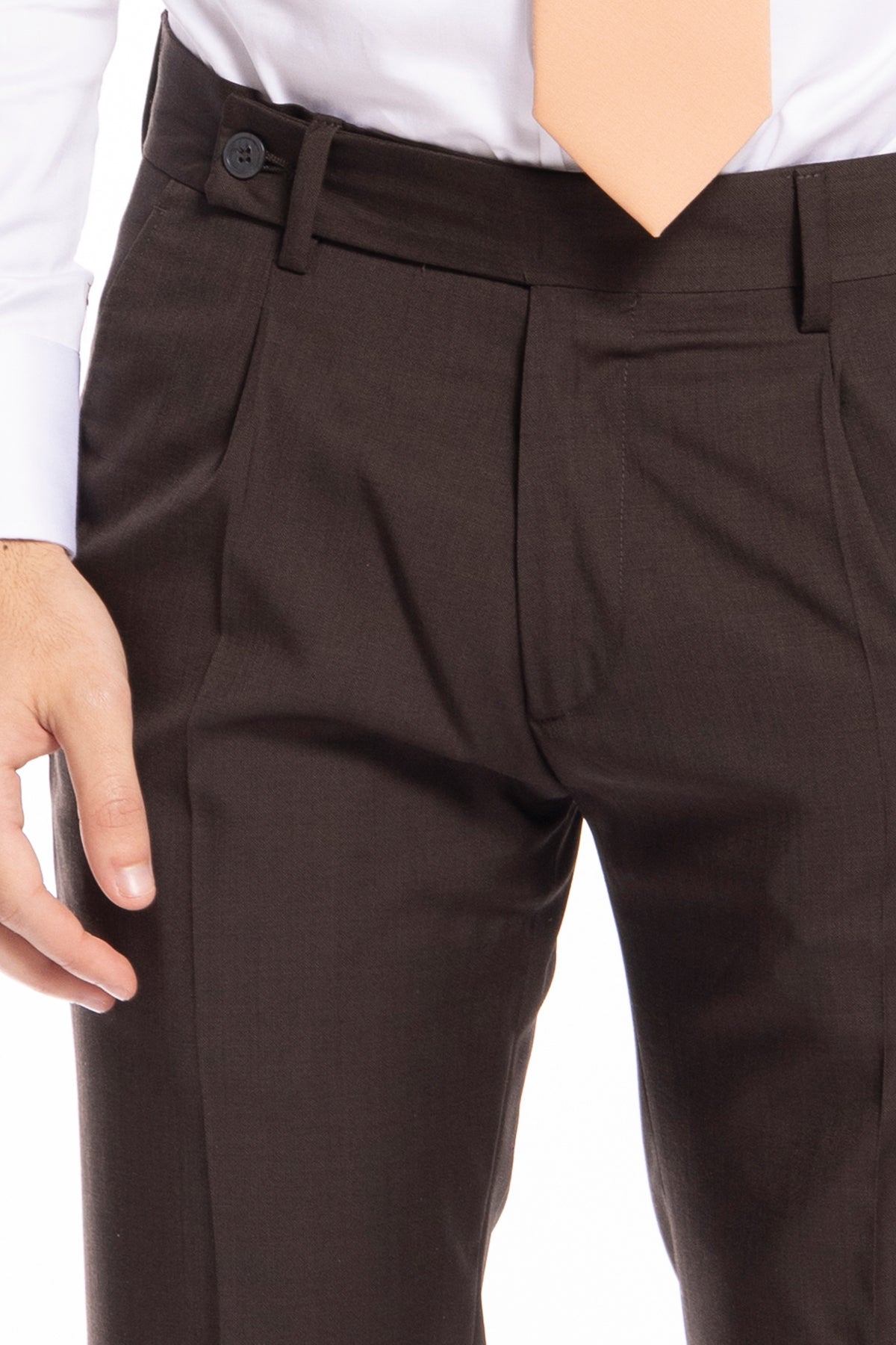 Pantalone uomo Marrone fresco lana super 120's Holland & Sherry tasca america con una pinces e risvolto 4cm