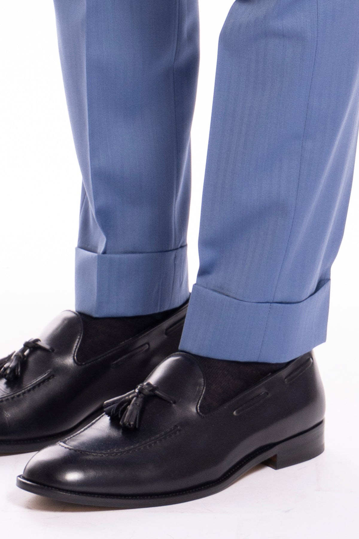 Pantalone uomo celeste Solaro fresco lana e seta Holland & Sherry tasca america con una pinces e risvolto 4cm